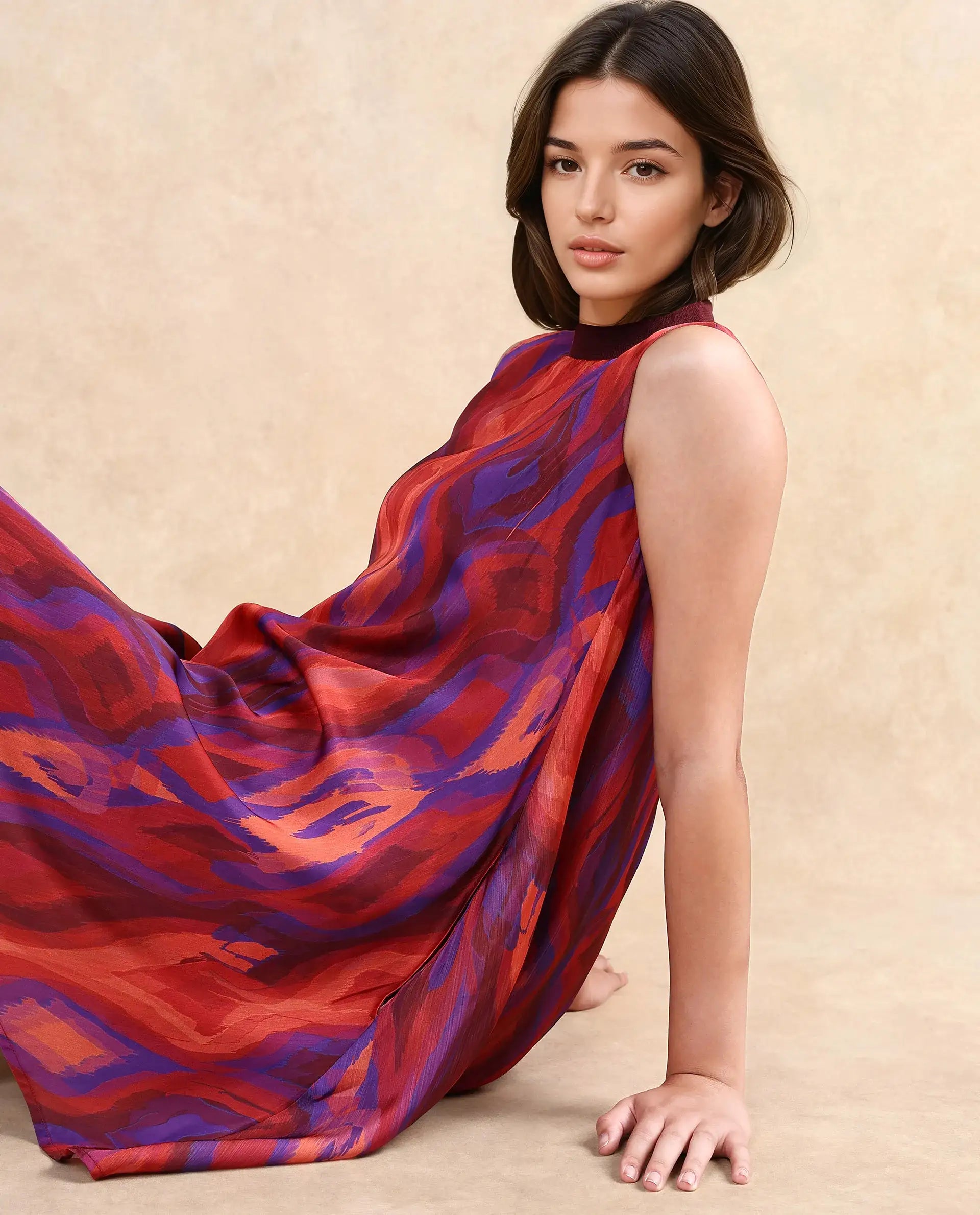 Rareism Women Yaden Multi Satin Sleeveless Turtle Neck Zipper Closure Flared Knee Length Abstract Print Dress