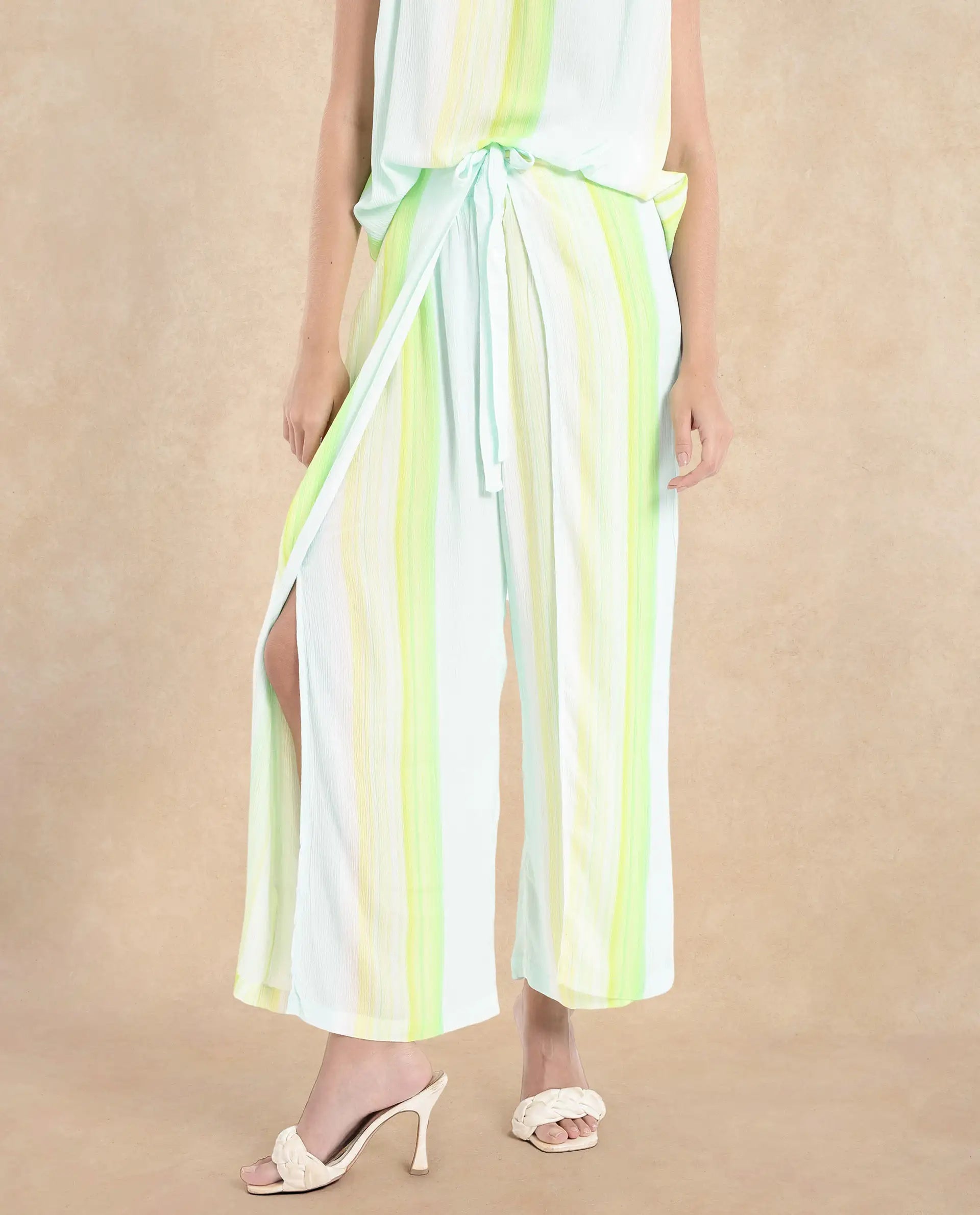 Rareism Women Yadot-B Multi Tie-Up Closure Wide Fit Ankle Length Broad Stripes Trouser