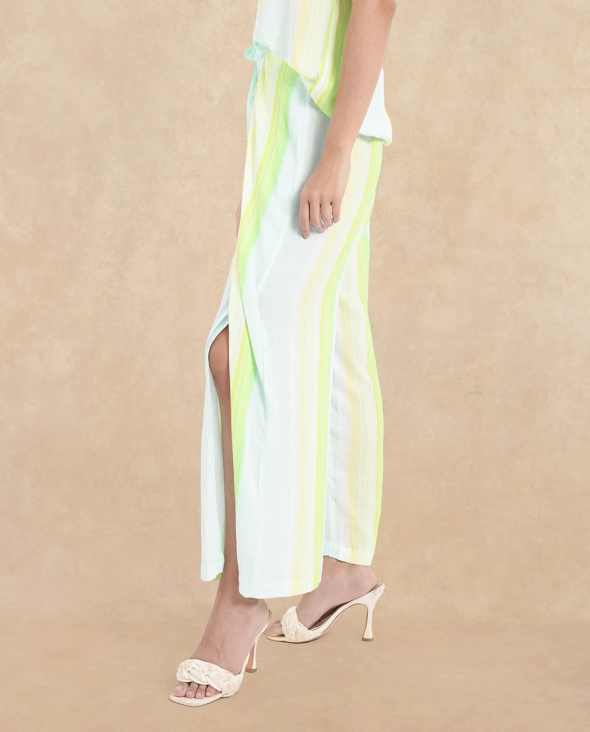 Rareism Women Yadot-B Multi Tie-Up Closure Wide Fit Ankle Length Broad Stripes Trouser