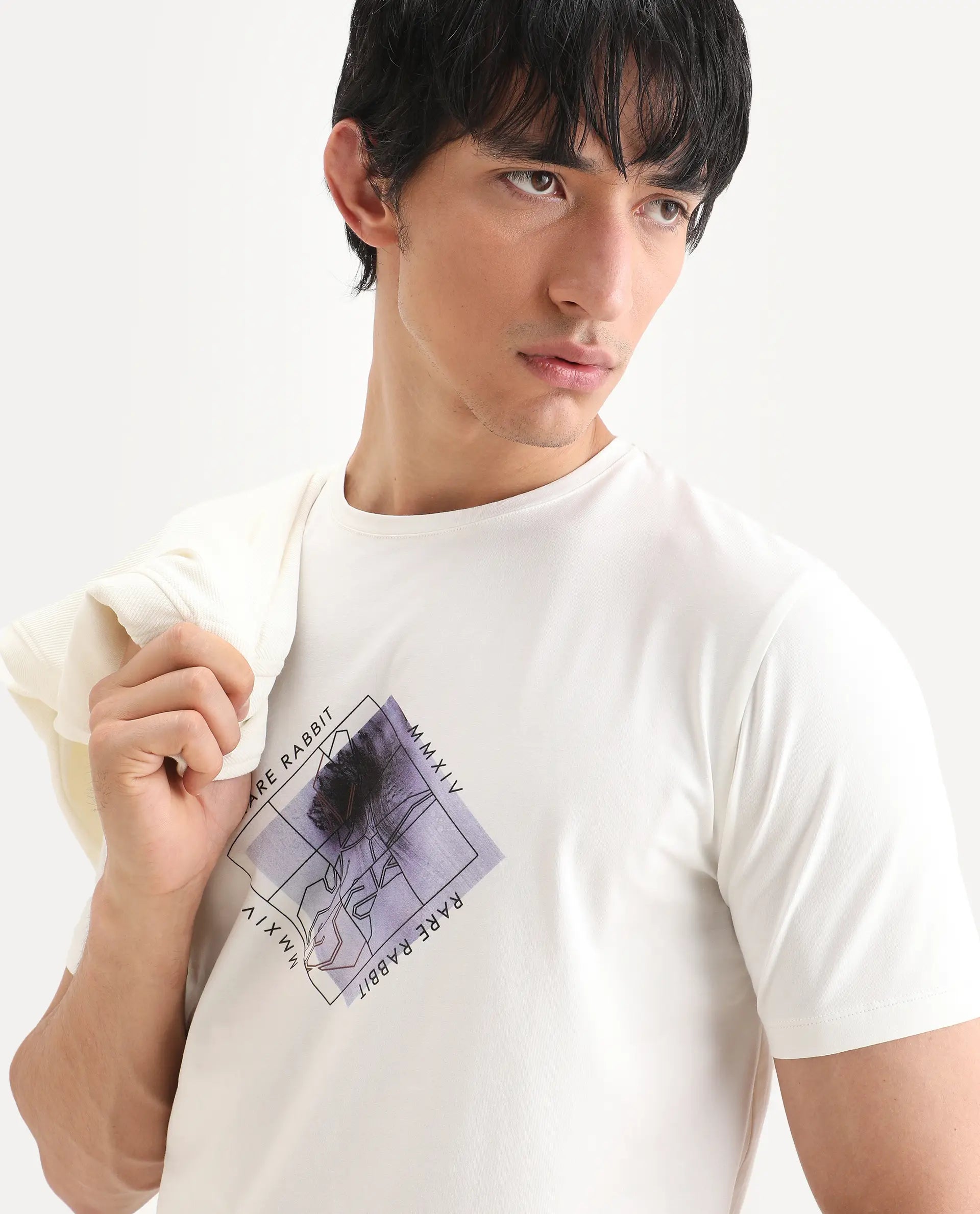 Rare Rabbit Men's Yal White Cotton Blend Fabric Half Sleeve Crew Neck Regular Fit Graphic Print T-Shirt