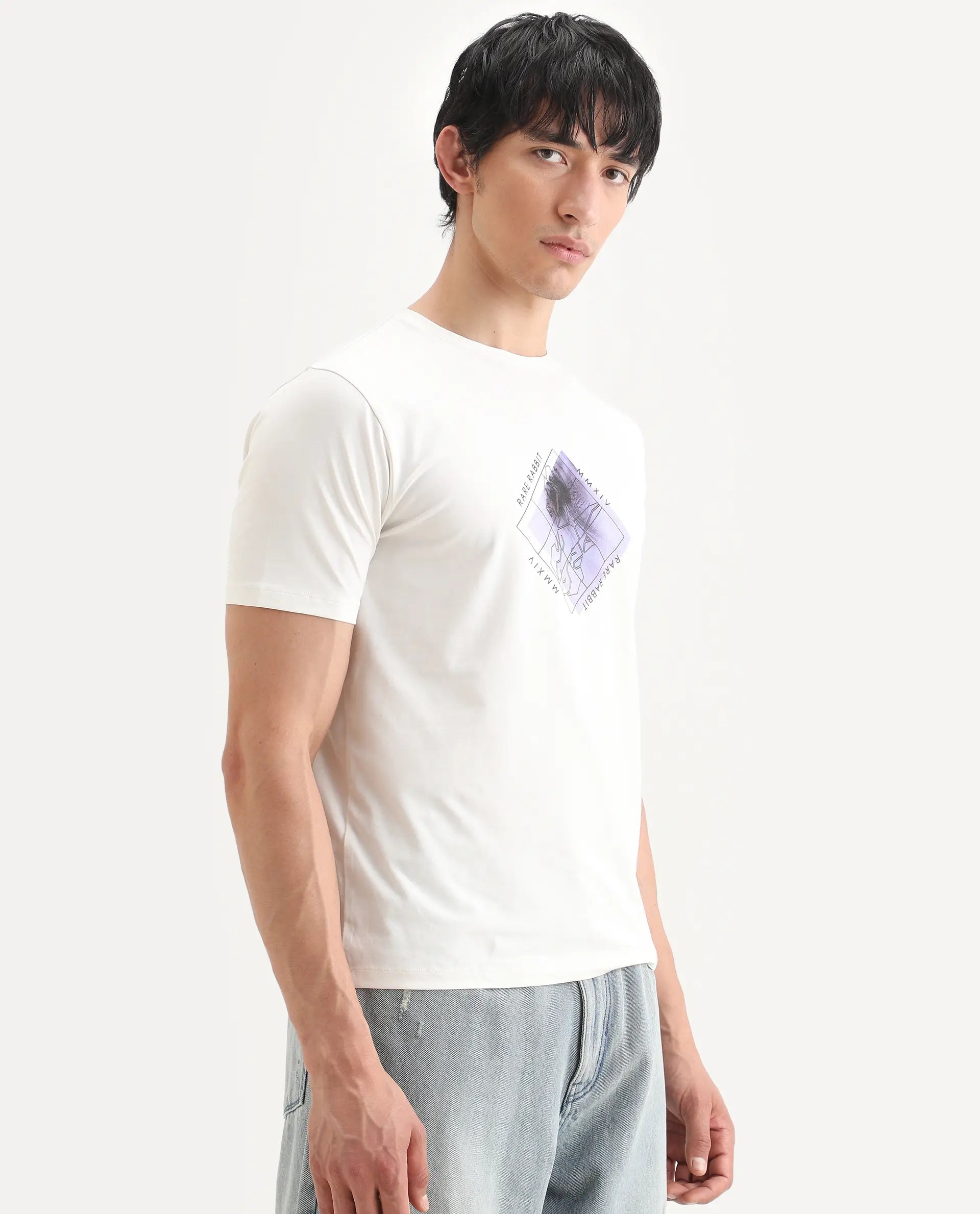 Rare Rabbit Men's Yal White Cotton Blend Fabric Half Sleeve Crew Neck Regular Fit Graphic Print T-Shirt