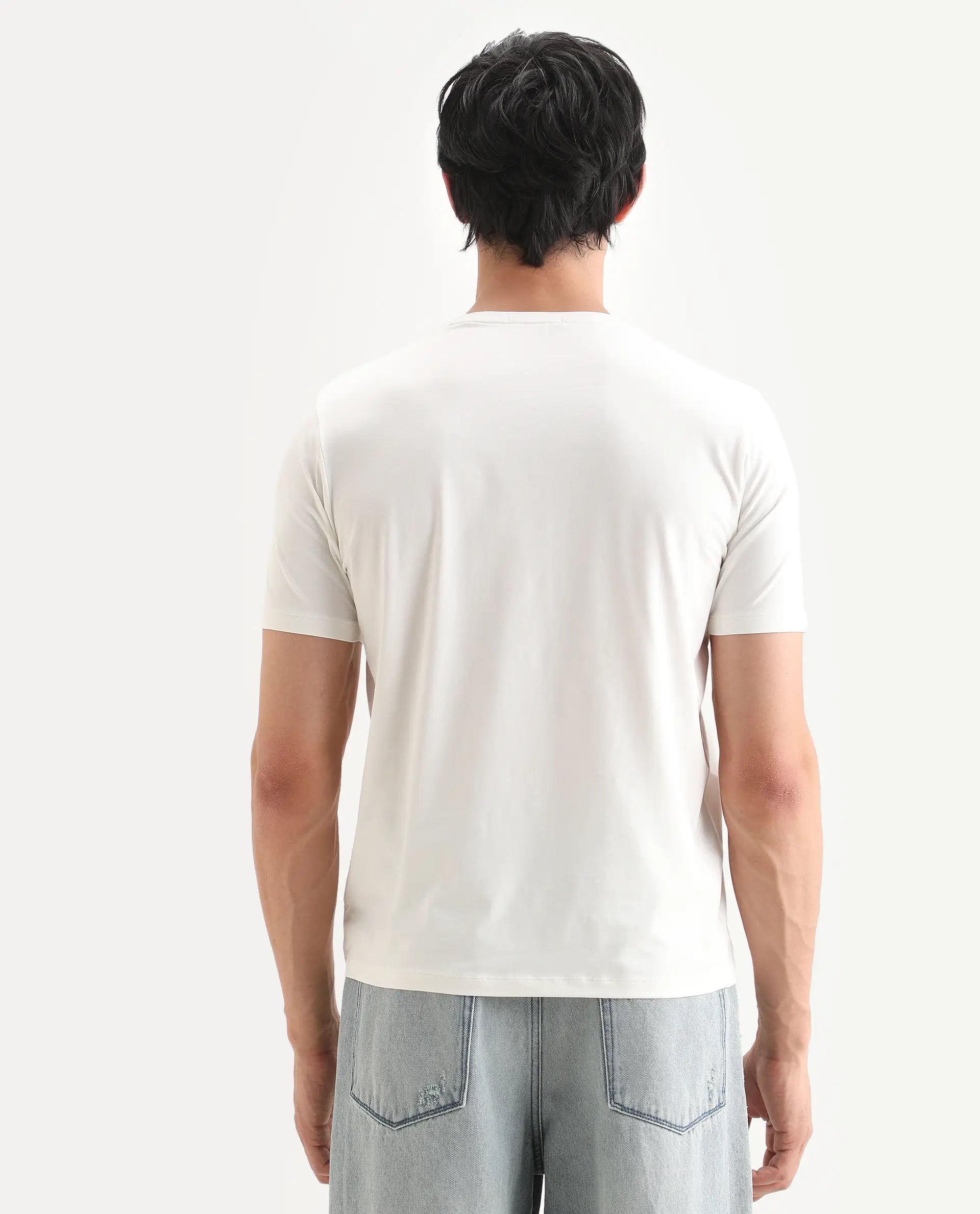 Rare Rabbit Men's Yal White Cotton Blend Fabric Half Sleeve Crew Neck Regular Fit Graphic Print T-Shirt