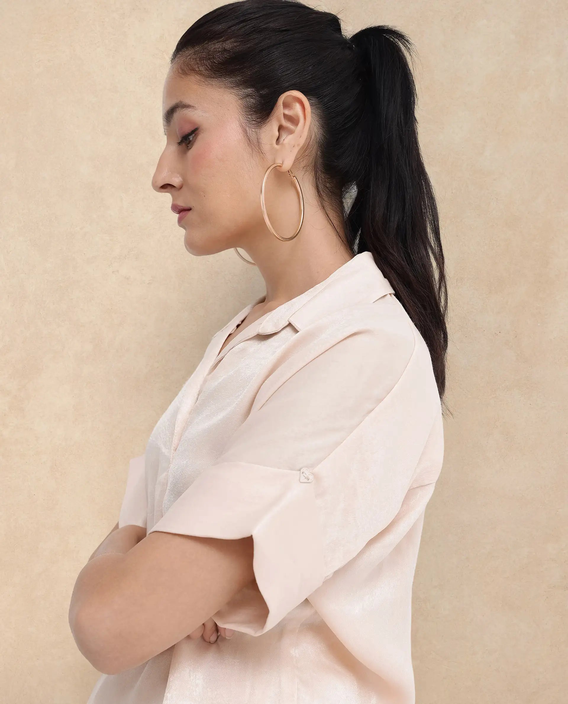 Rareism Women Yamato-T Light Beige Extended Sleeves Collared Neck Boxy Fit Plain Top