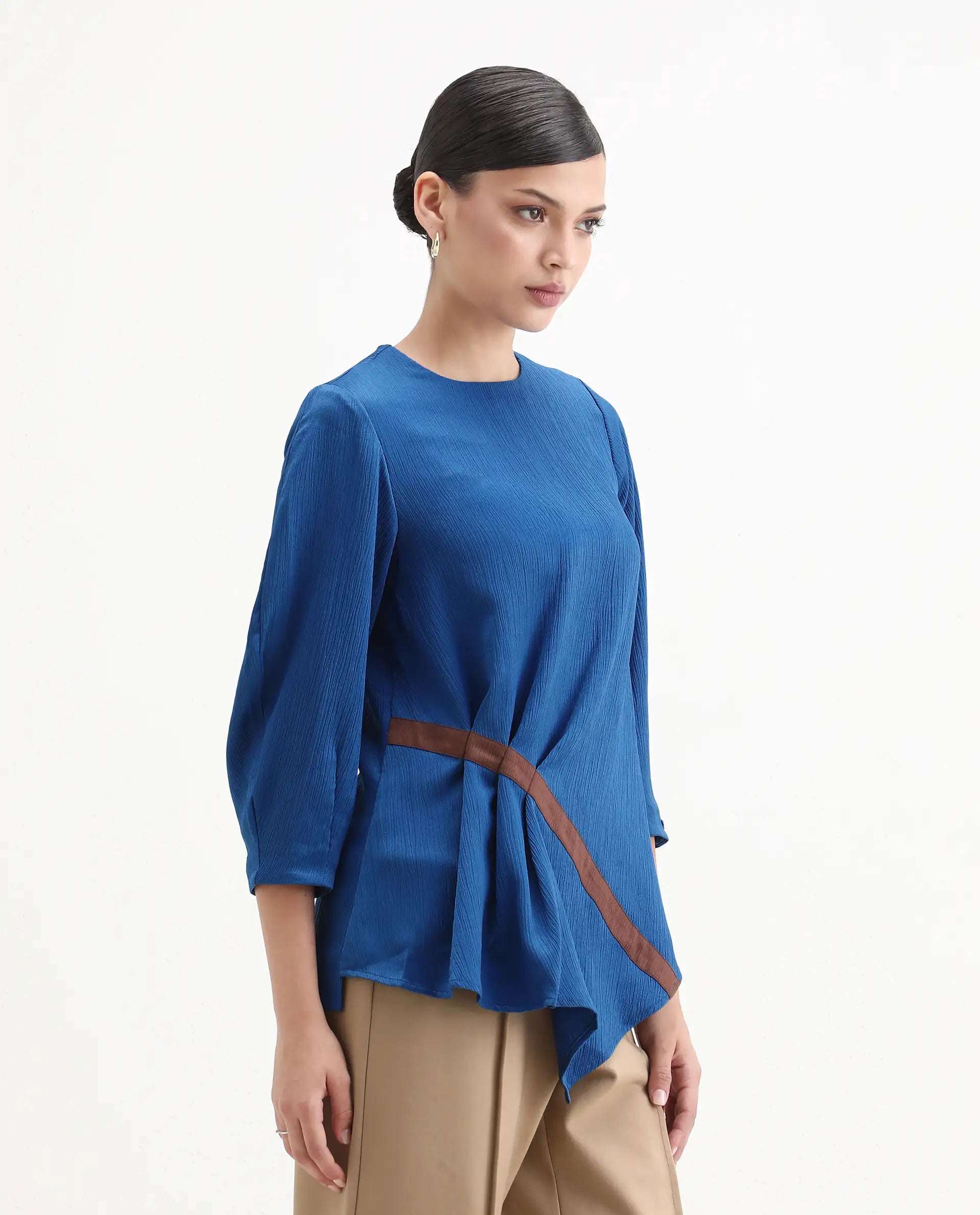 Rareism Women's Yan Blue Polyester Crew Neck Plain Volume Sleeve Regular Fit Top