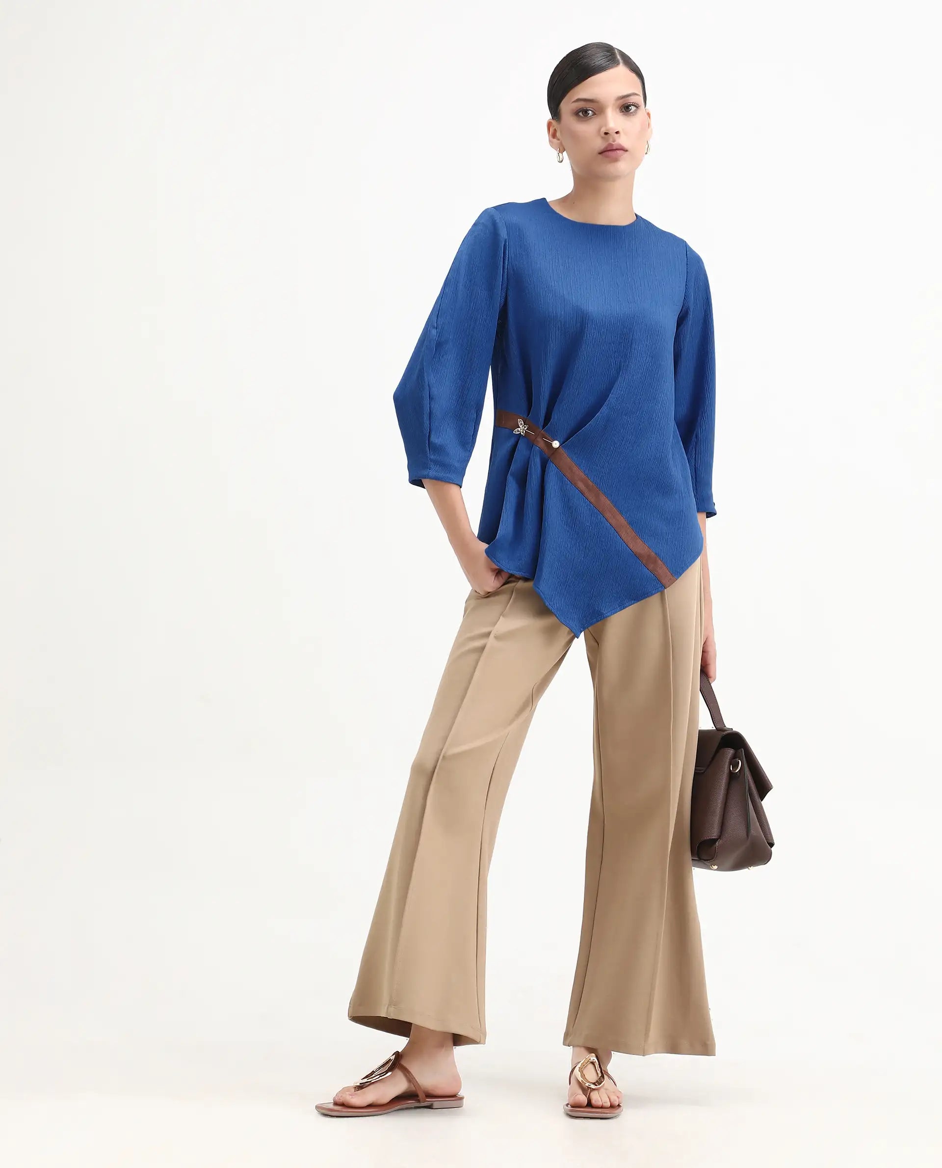 Rareism Women's Yan Blue Polyester Crew Neck Plain Volume Sleeve Regular Fit Top