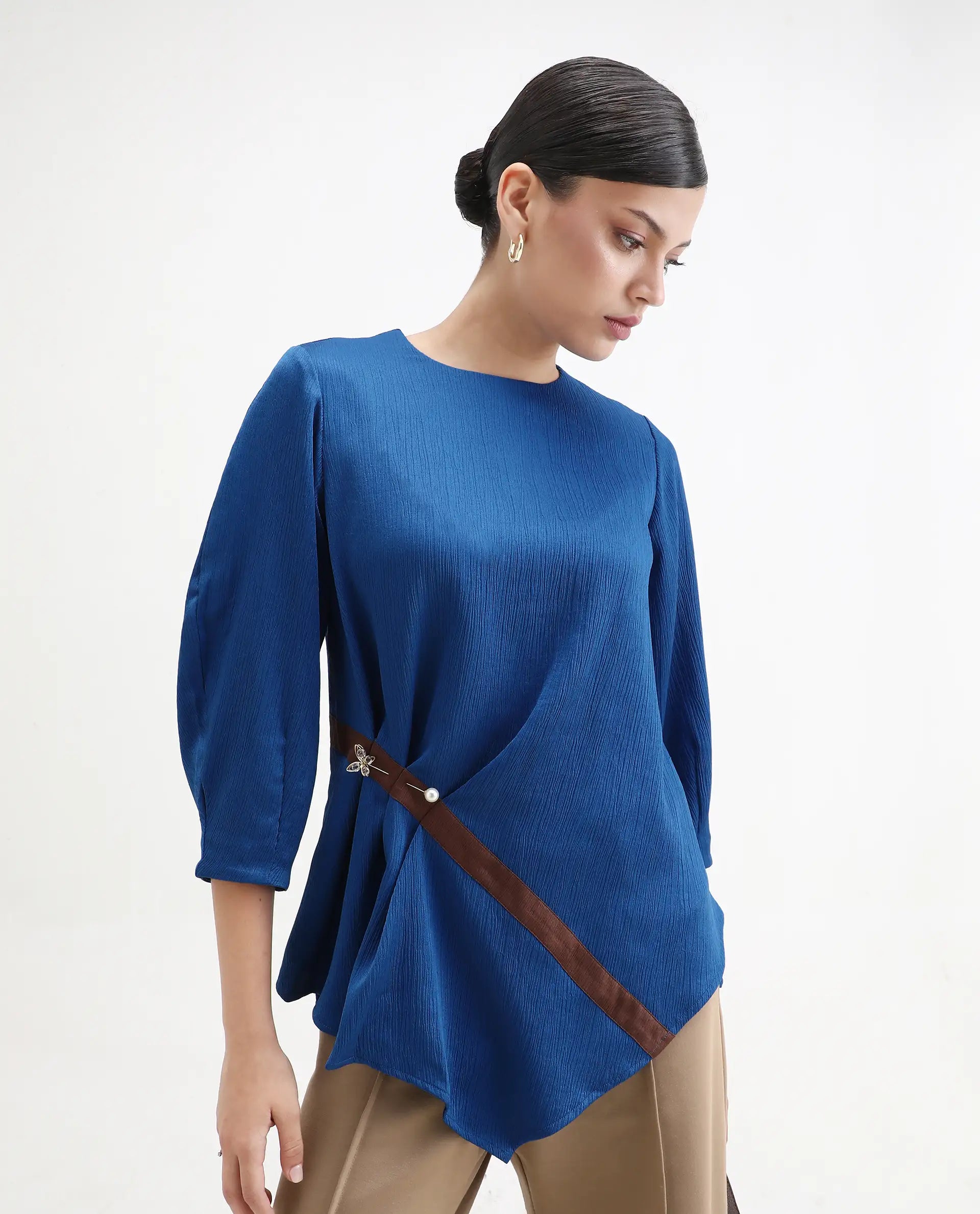 Rareism Women's Yan Blue Polyester Crew Neck Plain Volume Sleeve Regular Fit Top