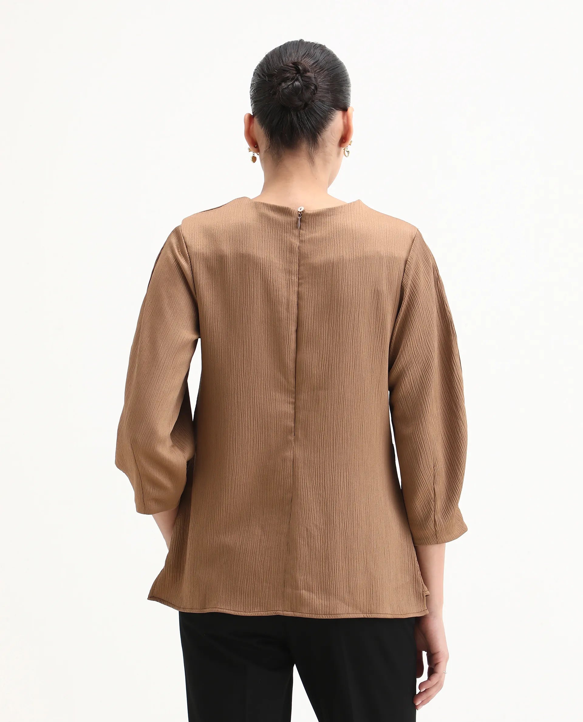 Rareism Women's Yan Brown Polyester Crew Neck Plain Volume Sleeve Regular Fit Top