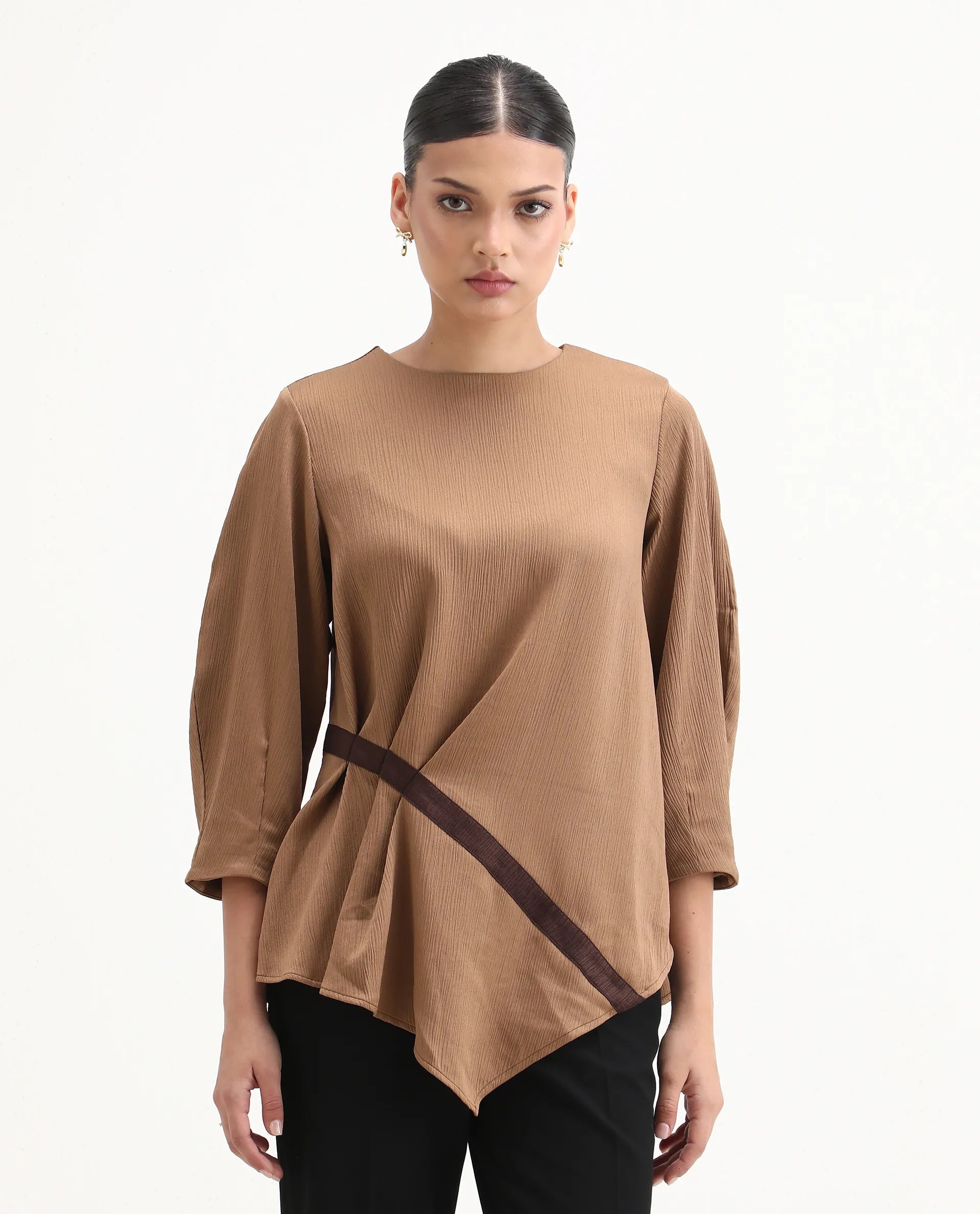 Rareism Women's Yan Brown Polyester Crew Neck Plain Volume Sleeve Regular Fit Top