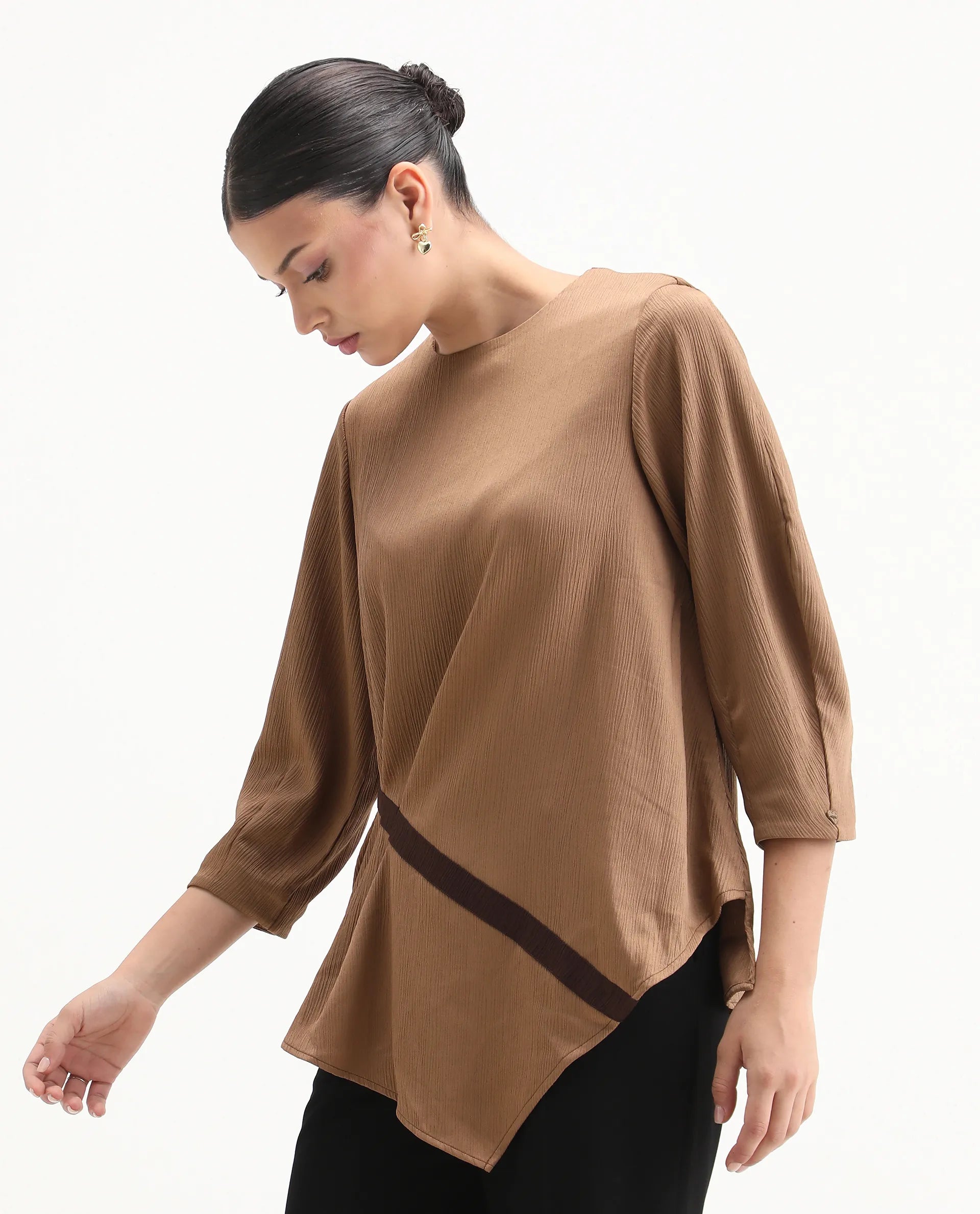 Rareism Women's Yan Brown Polyester Crew Neck Plain Volume Sleeve Regular Fit Top