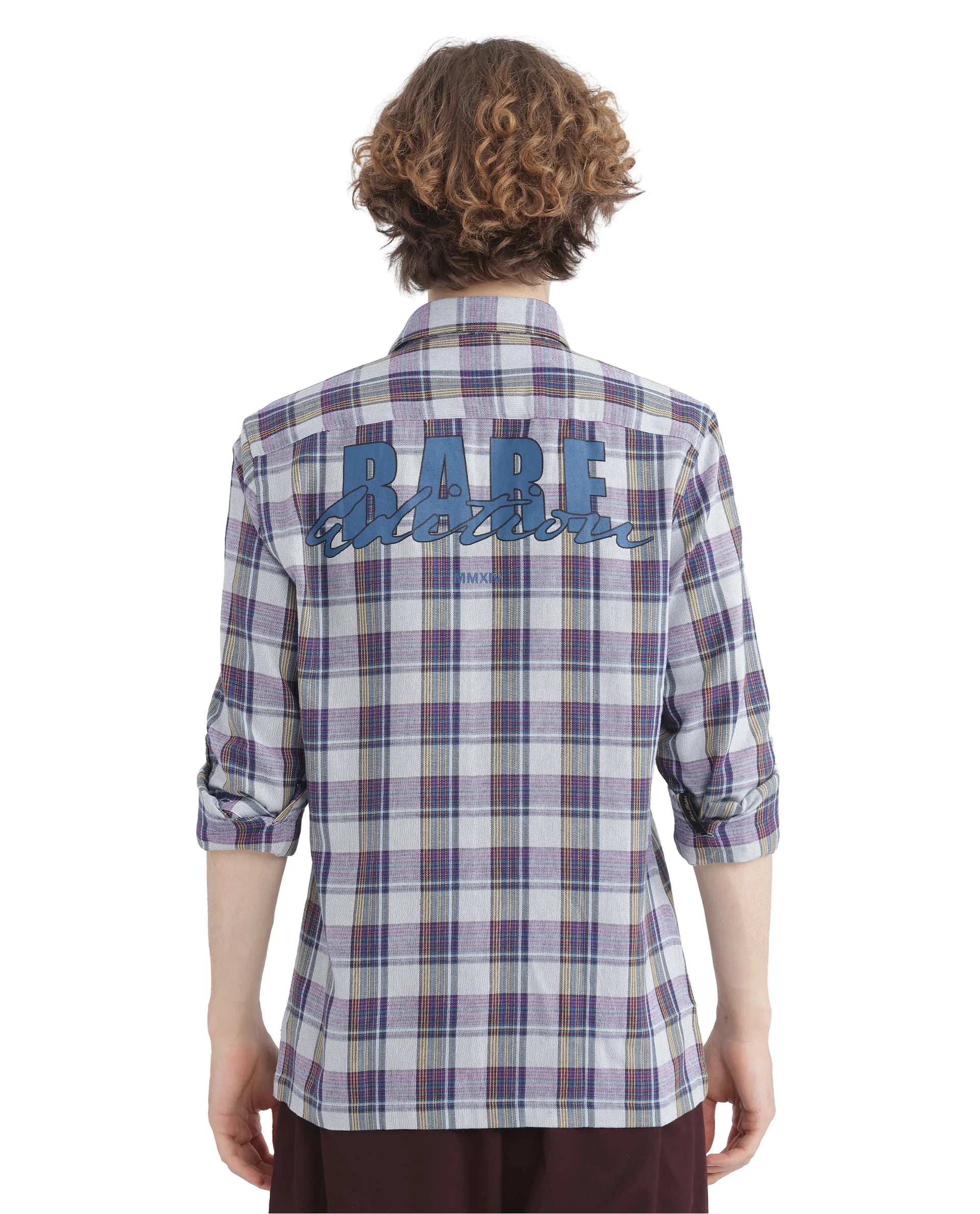 Rare Rabbit Men's Yanda Grey Cotton Fabric Full Sleeve Regular Fit Graphic Back Print Checks Shirt