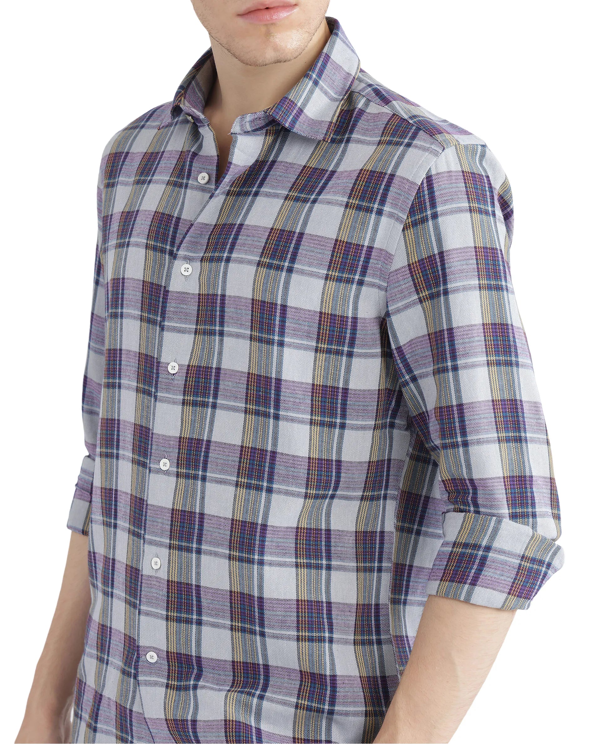 Rare Rabbit Men's Yanda Grey Cotton Fabric Full Sleeve Regular Fit Graphic Back Print Checks Shirt