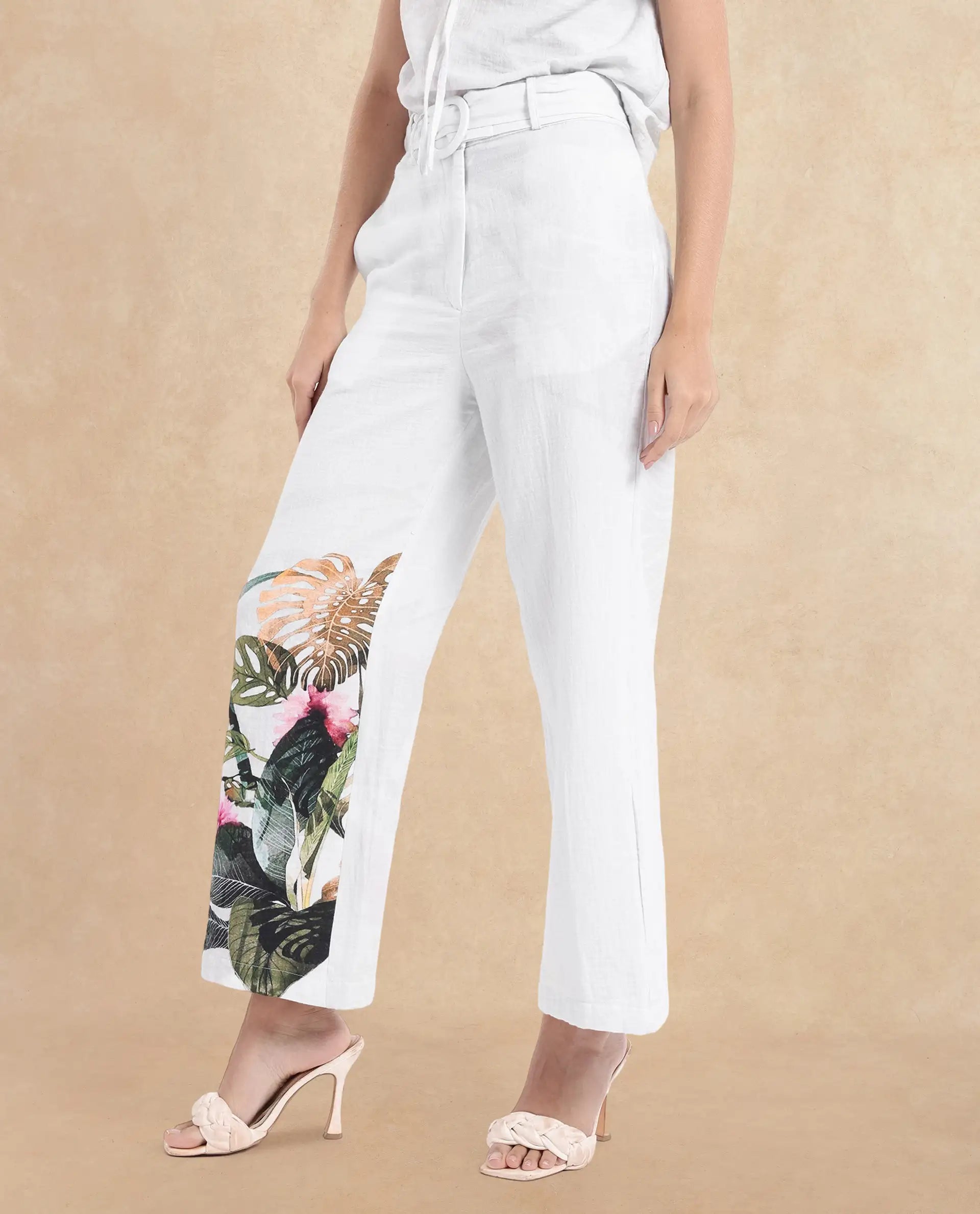 Rareism Women Yarani-SC Off White Zipper Wide Fit Tropical Print Ankle Length Trouser