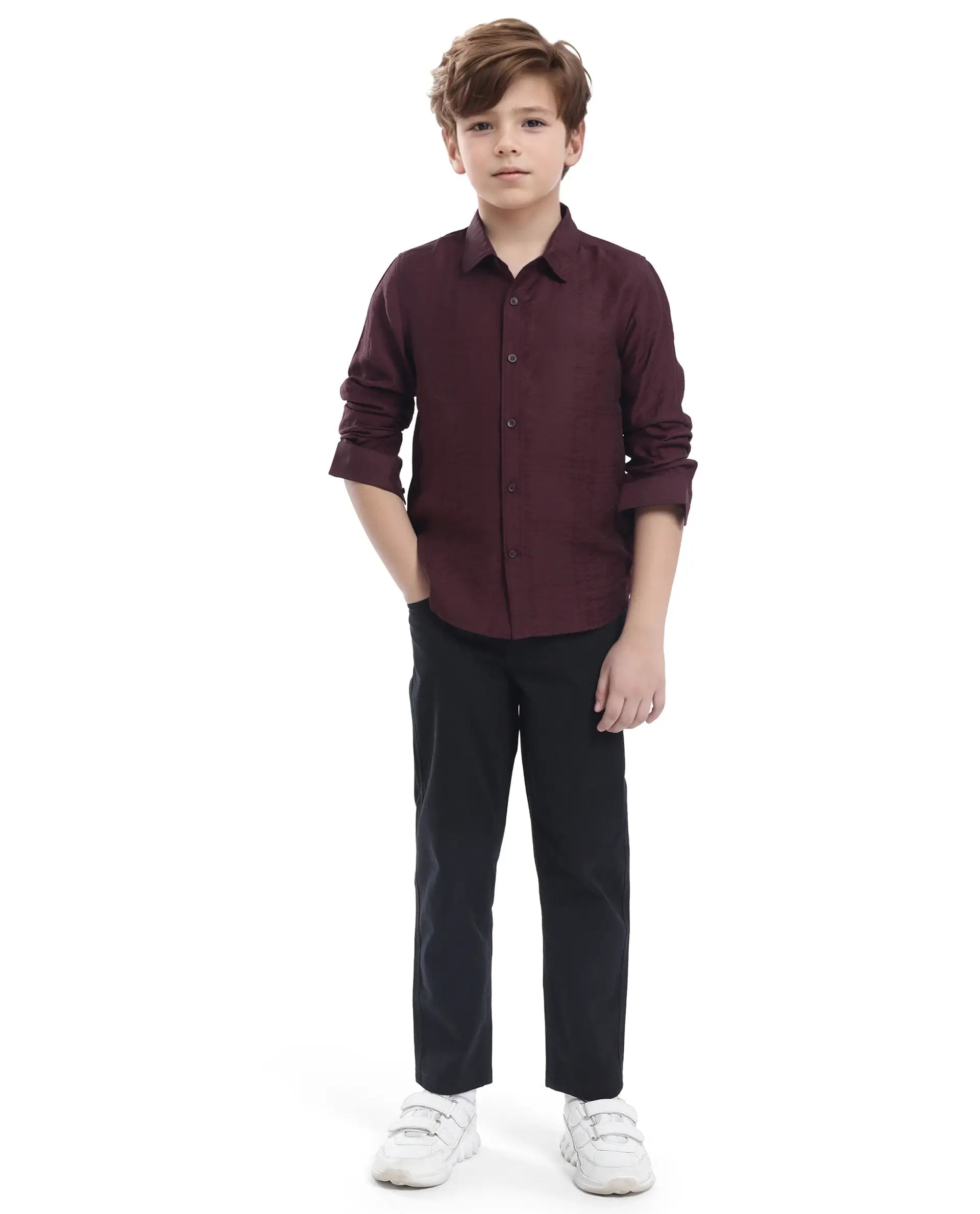 Rare Ones Kids Yard Maroon Viscose Blend Full Sleeve Button Solid Regular Fit Shirt