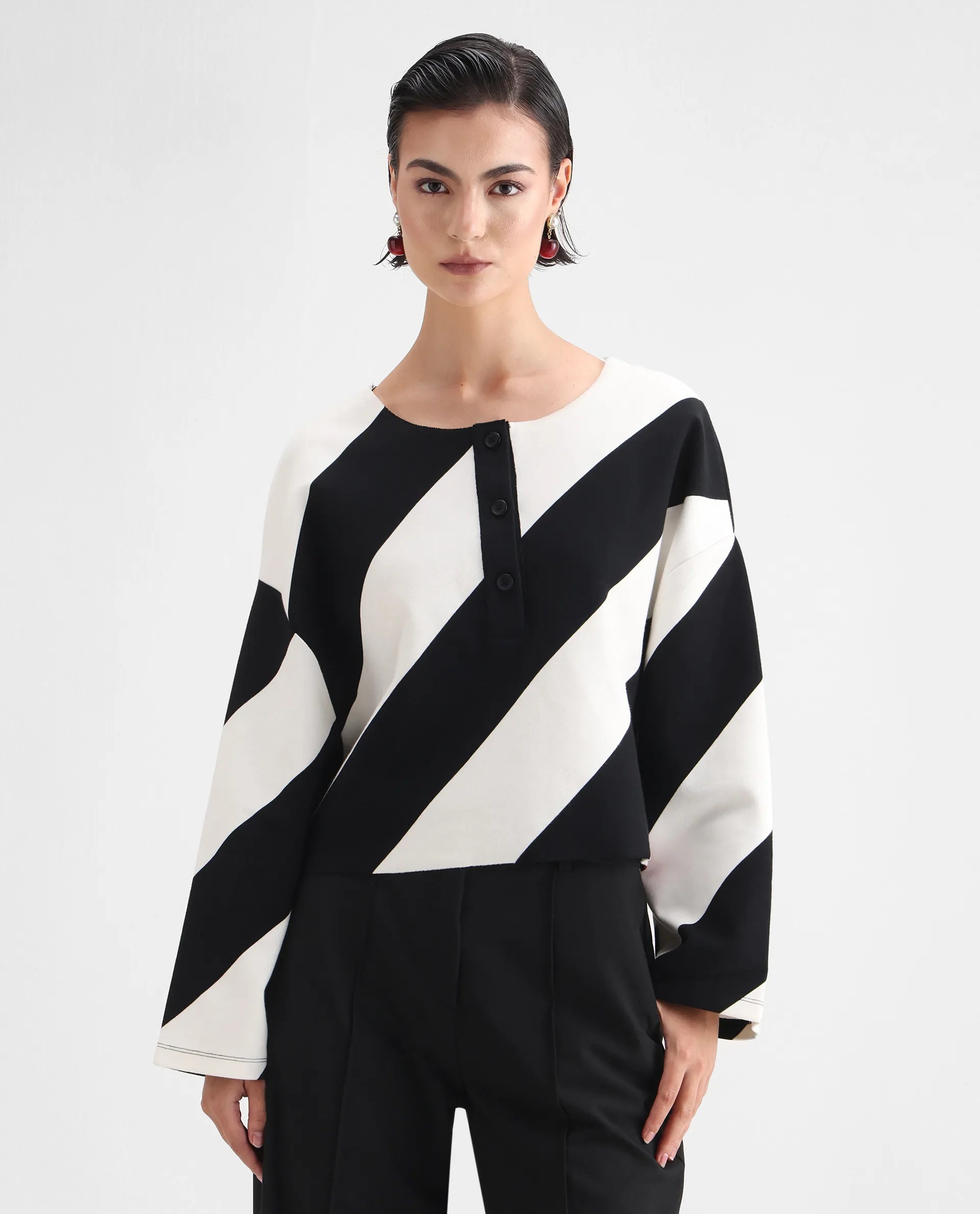 Rareism Women's Yarny Black Polyester Blend Henley Neck Striped Relaxed Fit Top