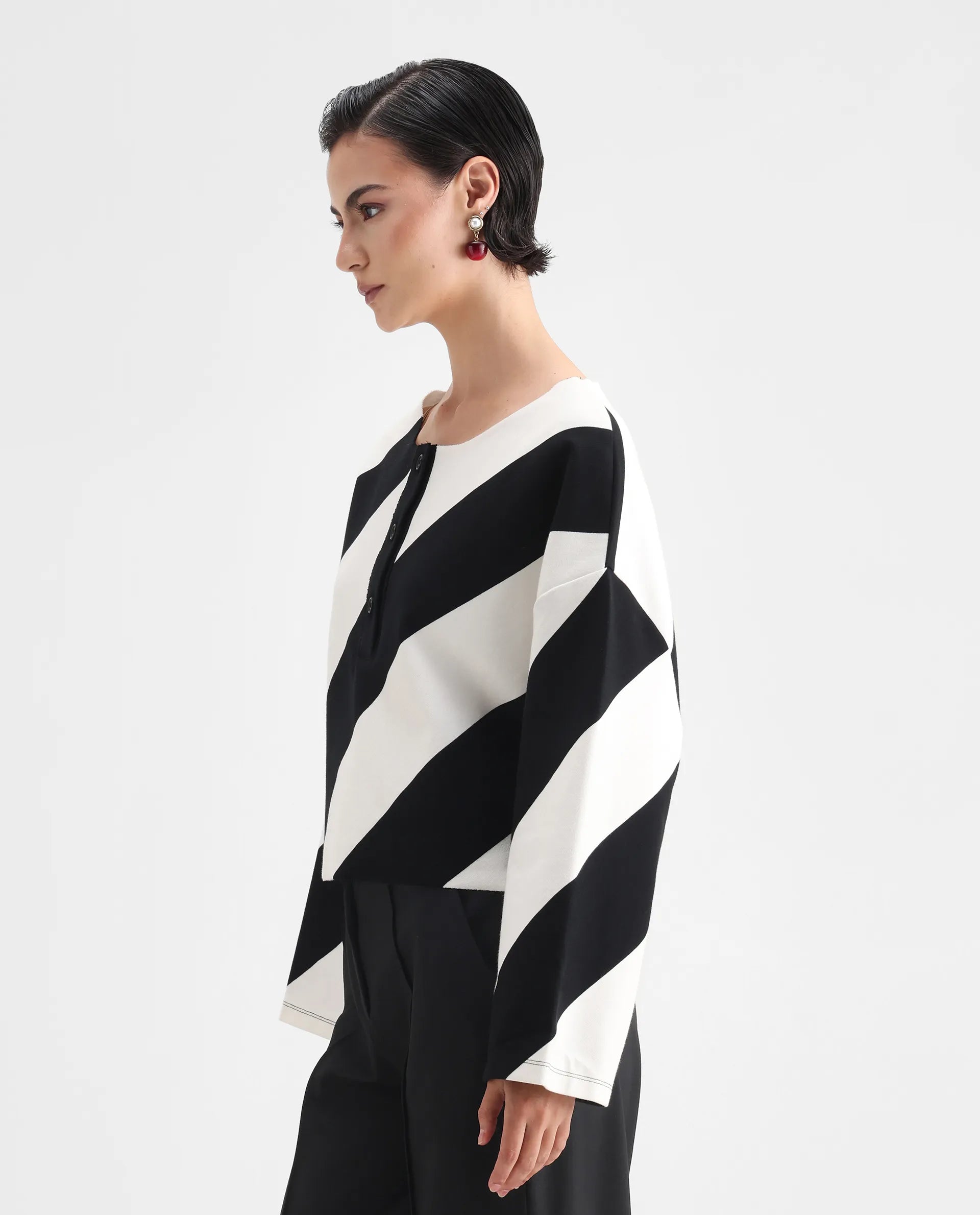 Rareism Women's Yarny Black Polyester Blend Henley Neck Striped Relaxed Fit Top