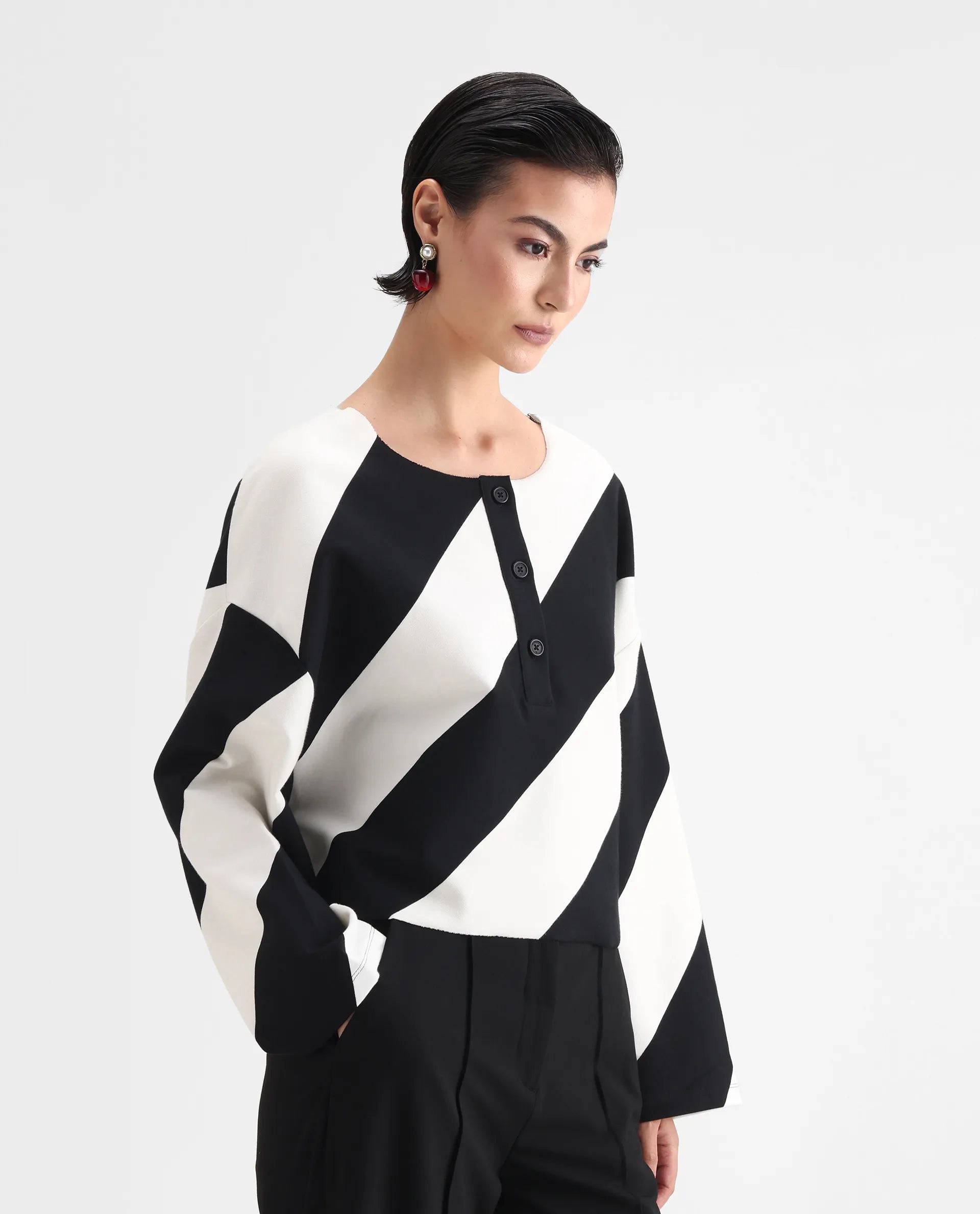 Rareism Women's Yarny Black Polyester Blend Henley Neck Striped Relaxed Fit Top