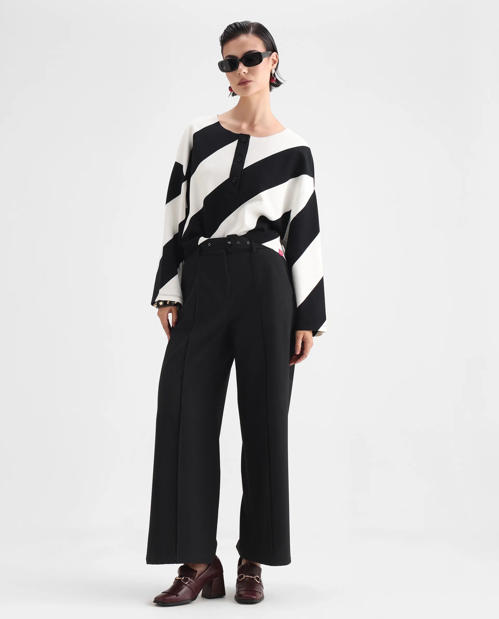 Rareism Women's Yarny Black Polyester Blend Henley Neck Striped Relaxed Fit Top