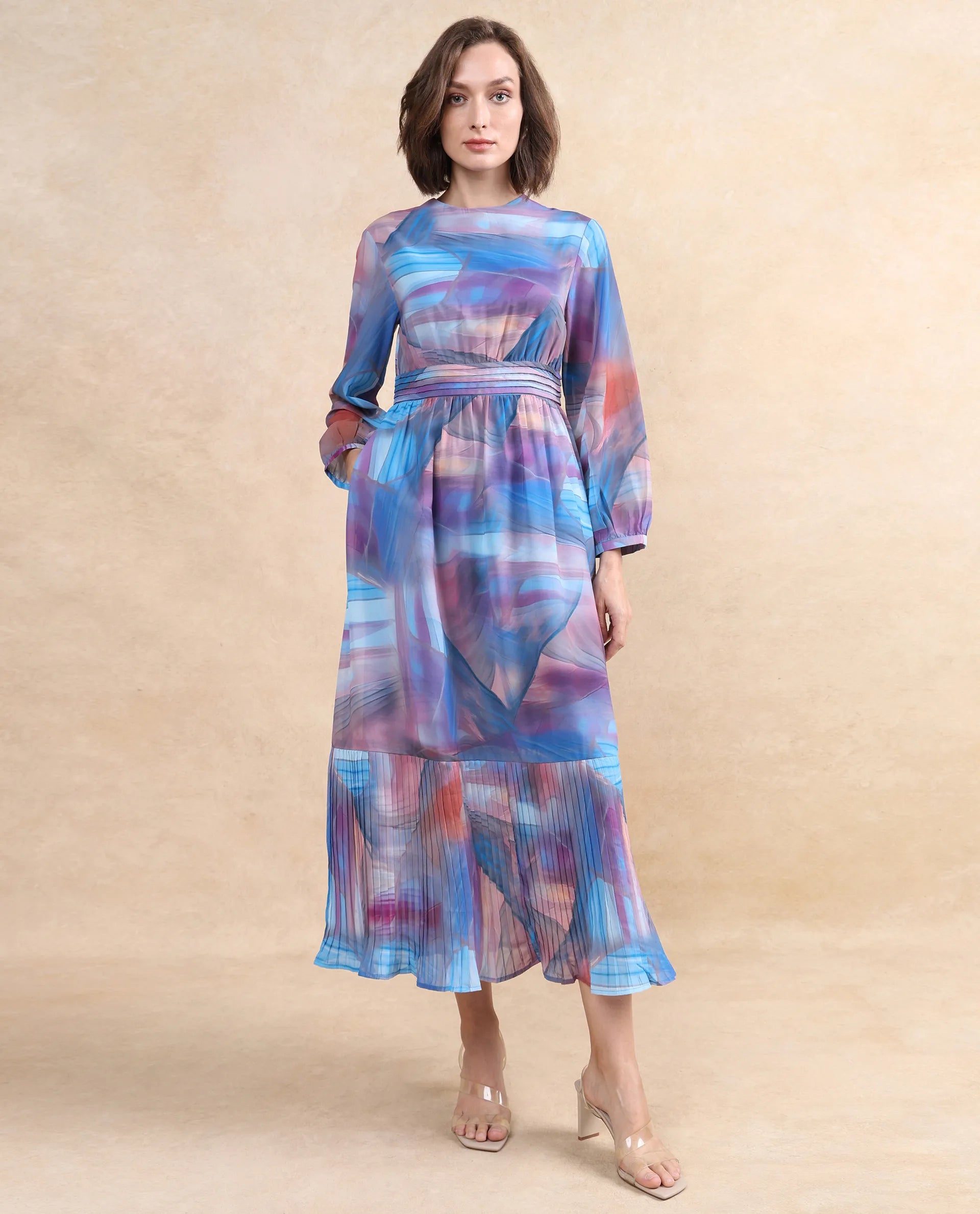 Rareism Women's Yason Multi  Crew Neck Zipper Closure Bishop Sleeve Abstract Fit And Flare Maxi Dress