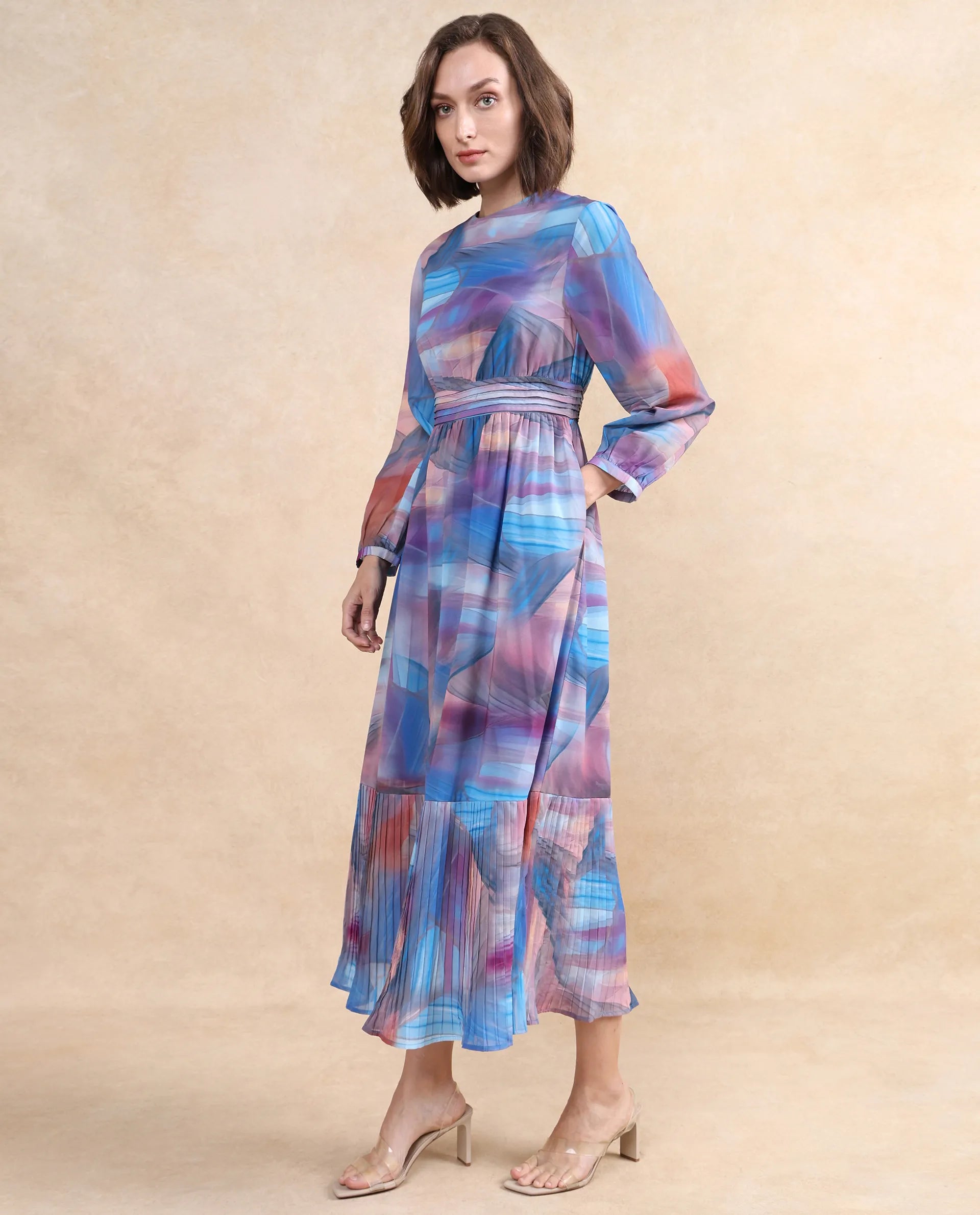 Rareism Women's Yason Multi  Crew Neck Zipper Closure Bishop Sleeve Abstract Fit And Flare Maxi Dress