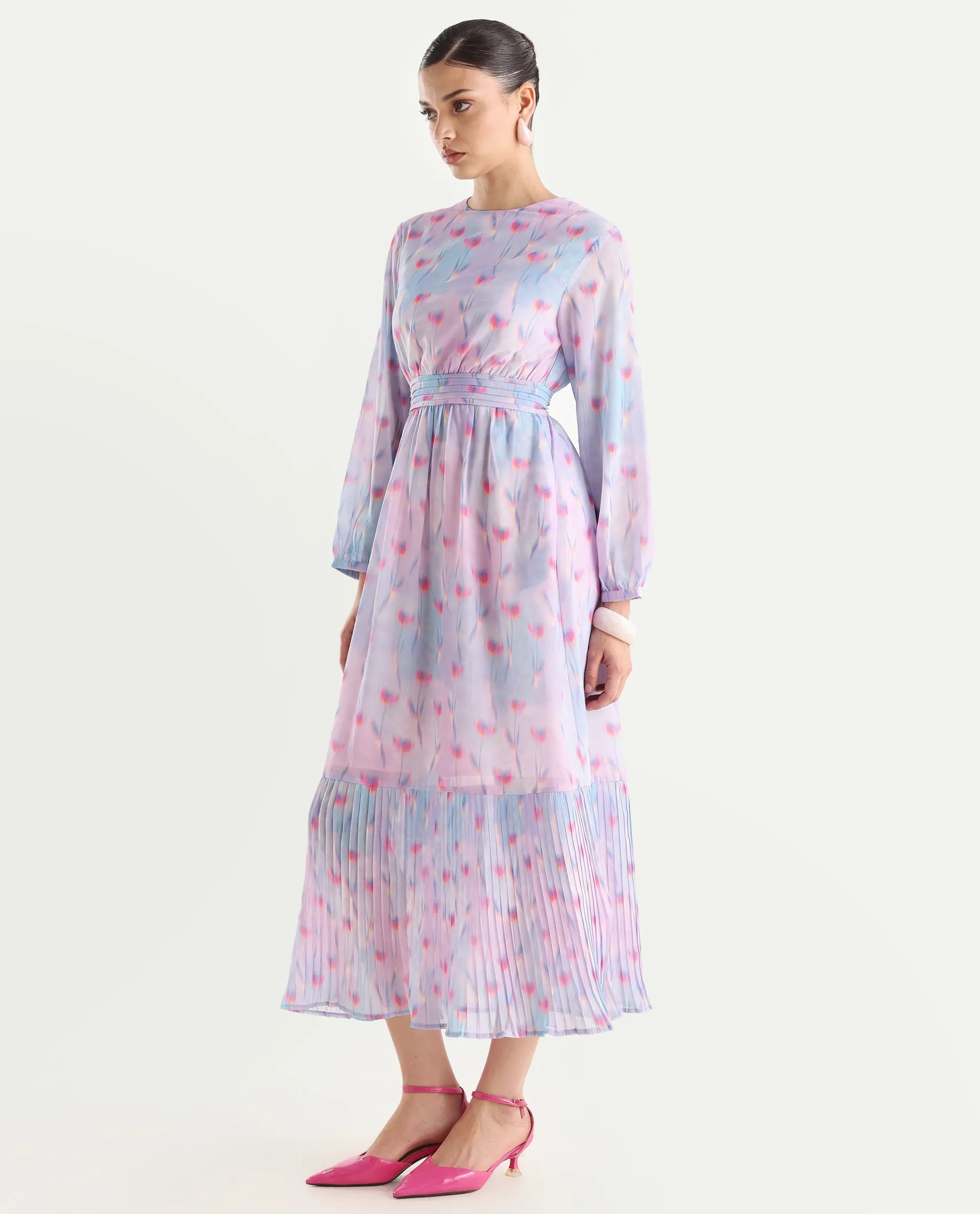 Rareism Women's Yasopp Multi Polyester Crew Neck Floral Print Bishop Sleeve Midi Fit And Flare Dress