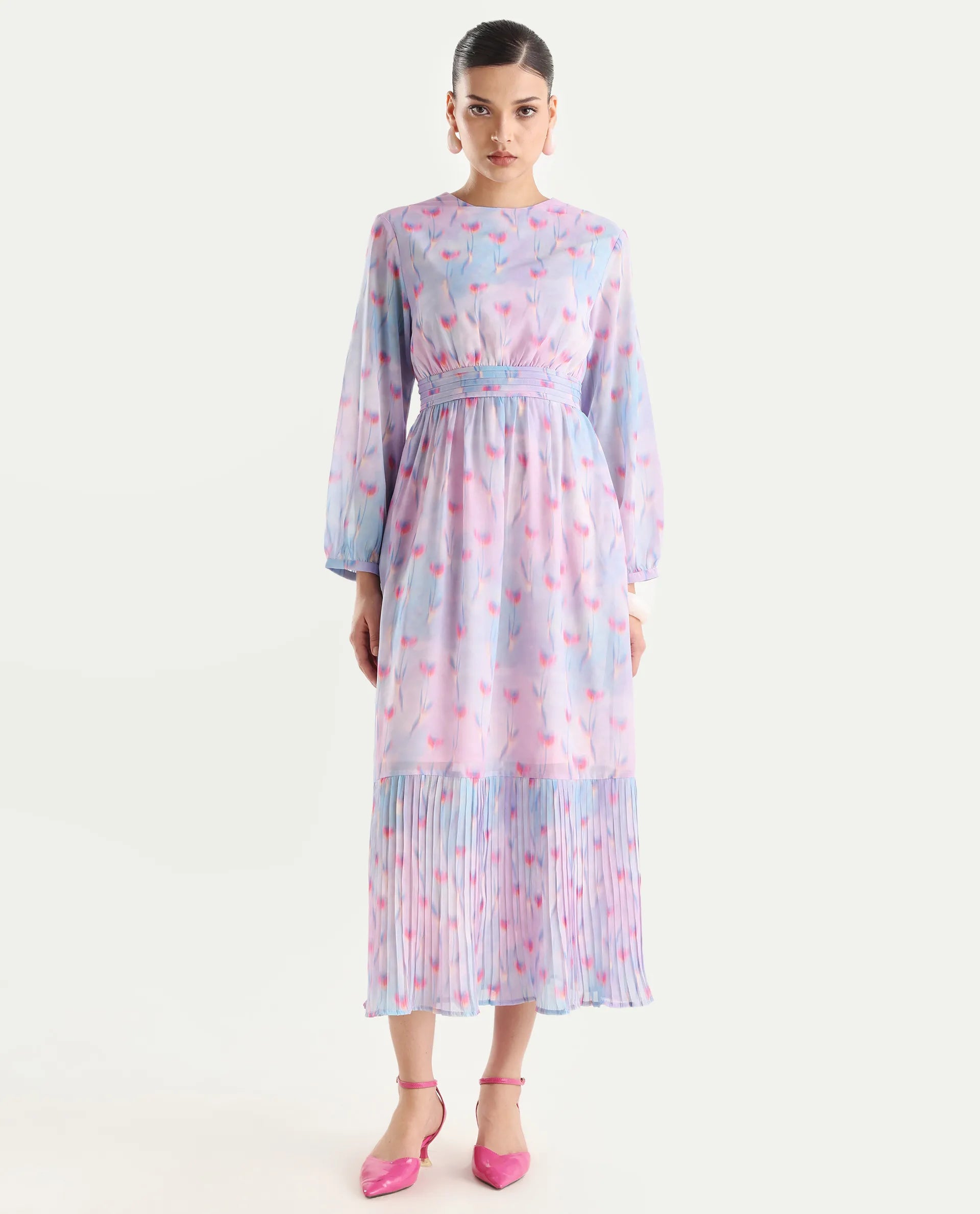 Rareism Women's Yasopp Multi Polyester Crew Neck Floral Print Bishop Sleeve Midi Fit And Flare Dress