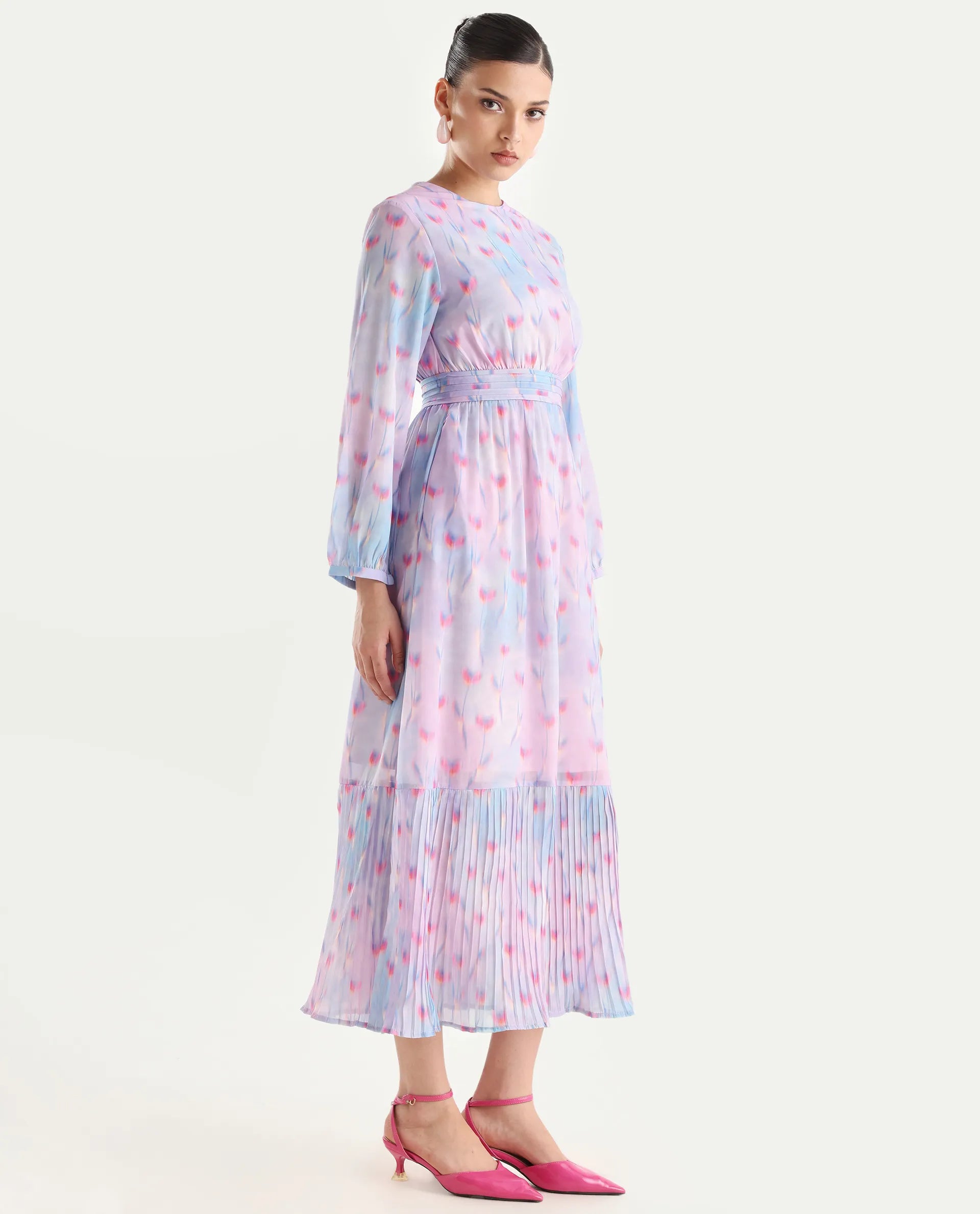 Rareism Women's Yasopp Multi Polyester Crew Neck Floral Print Bishop Sleeve Midi Fit And Flare Dress