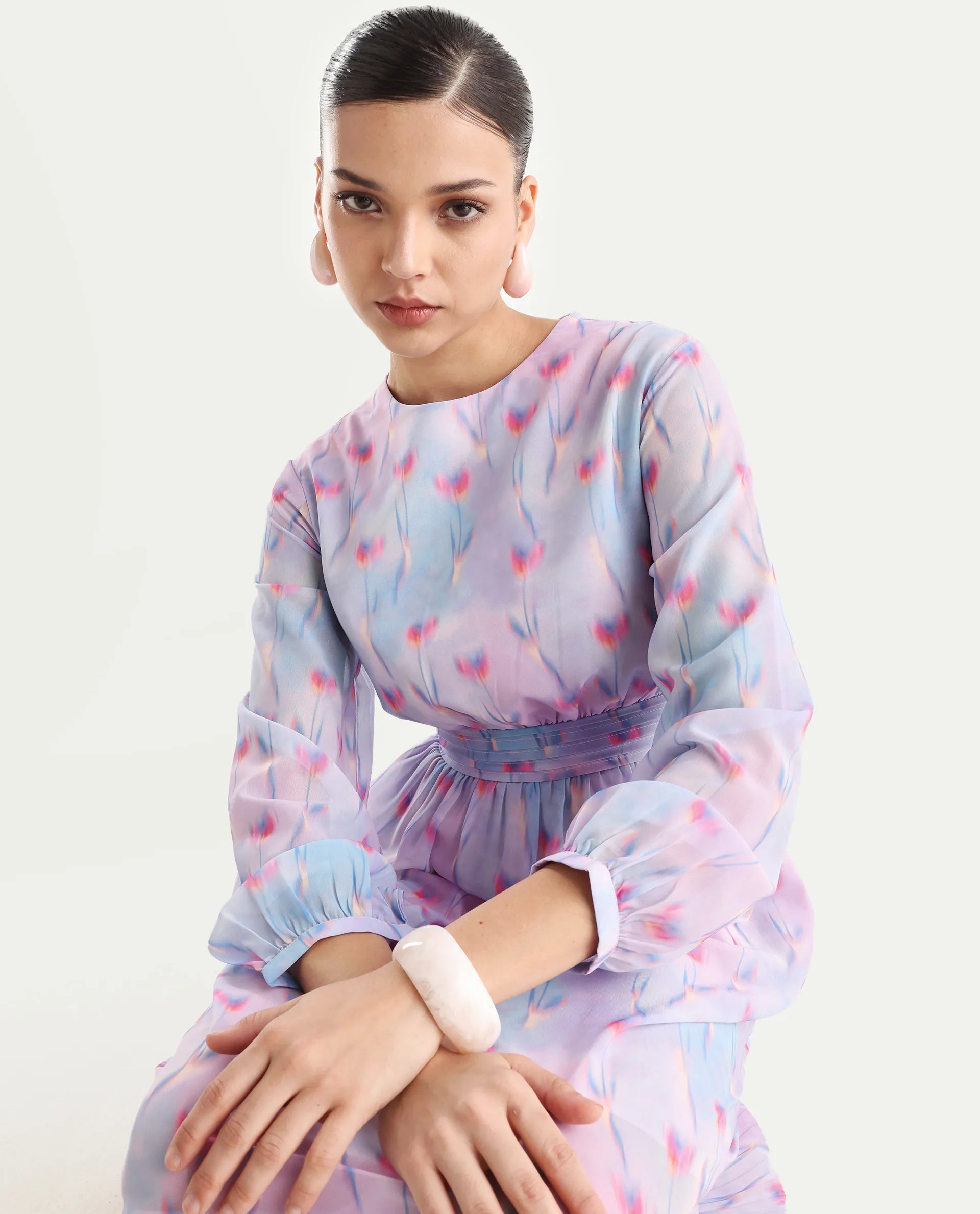 Rareism Women's Yasopp Multi Polyester Crew Neck Floral Print Bishop Sleeve Midi Fit And Flare Dress