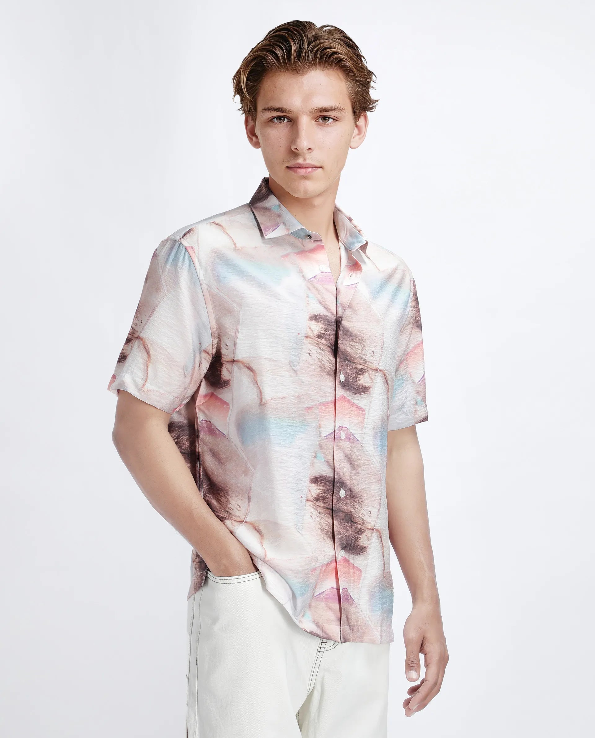 Rare Rabbit Men's Yat Beige Cotton Abstract Print Relaxed Fit Half Sleeve Collared Shirt