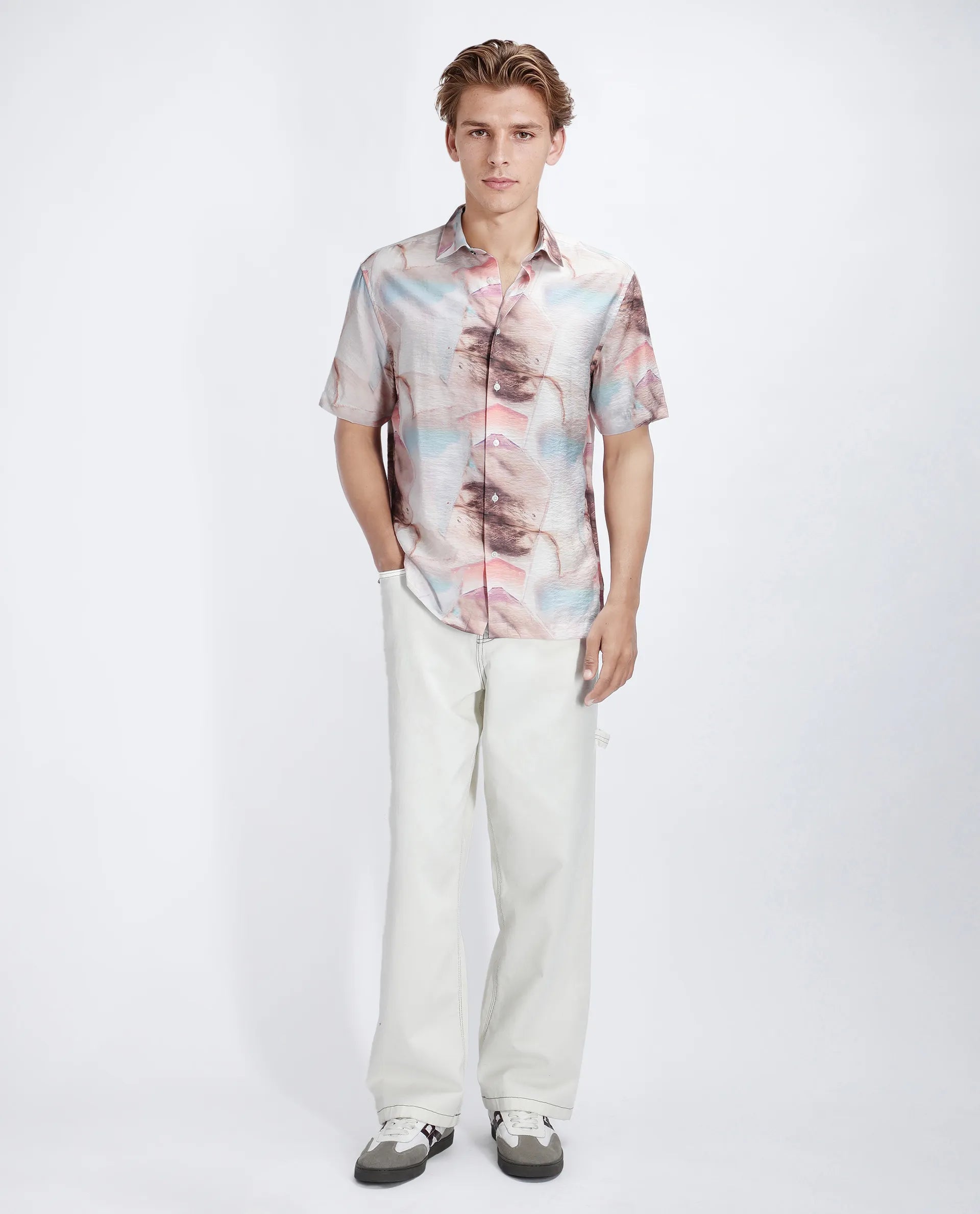 Rare Rabbit Men's Yat Beige Cotton Abstract Print Relaxed Fit Half Sleeve Collared Shirt