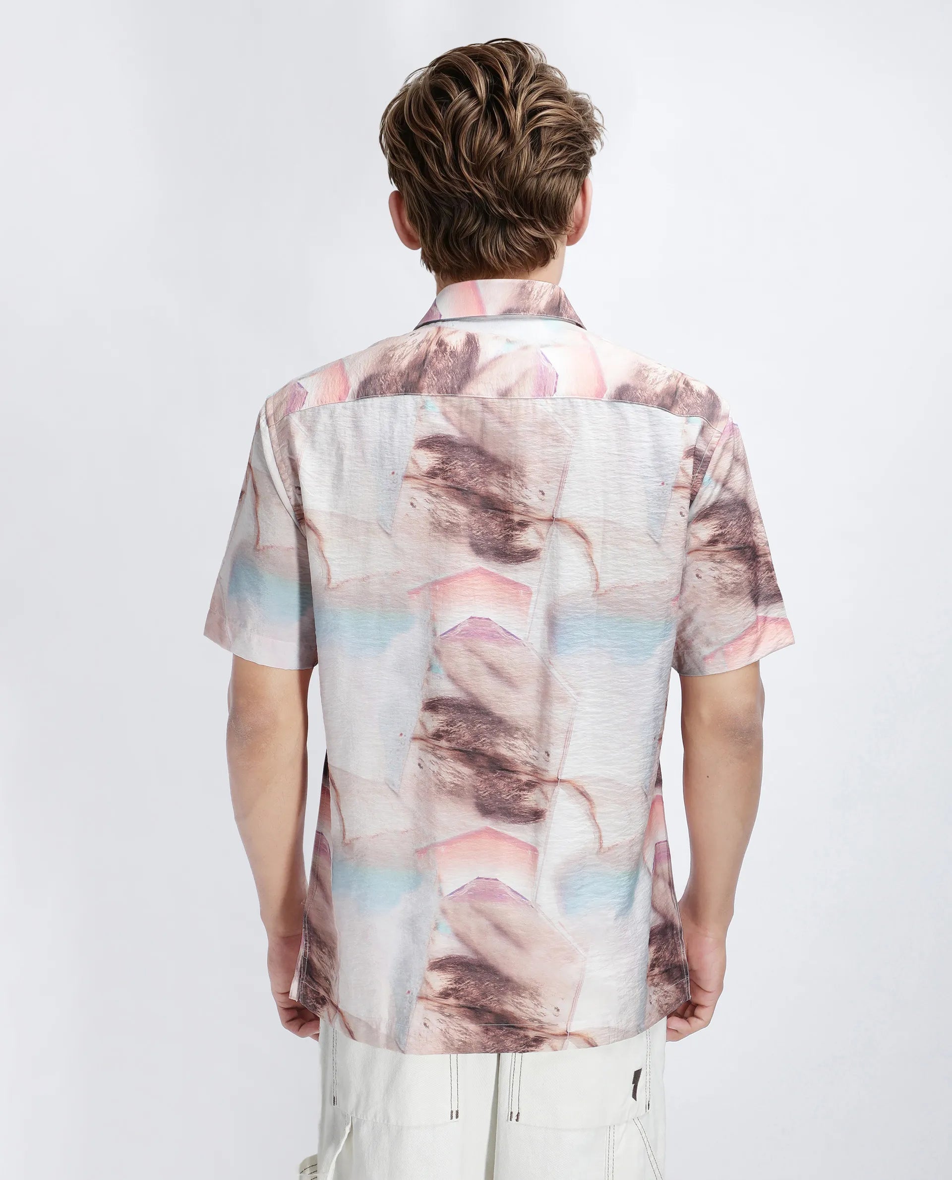 Rare Rabbit Men's Yat Beige Cotton Abstract Print Relaxed Fit Half Sleeve Collared Shirt