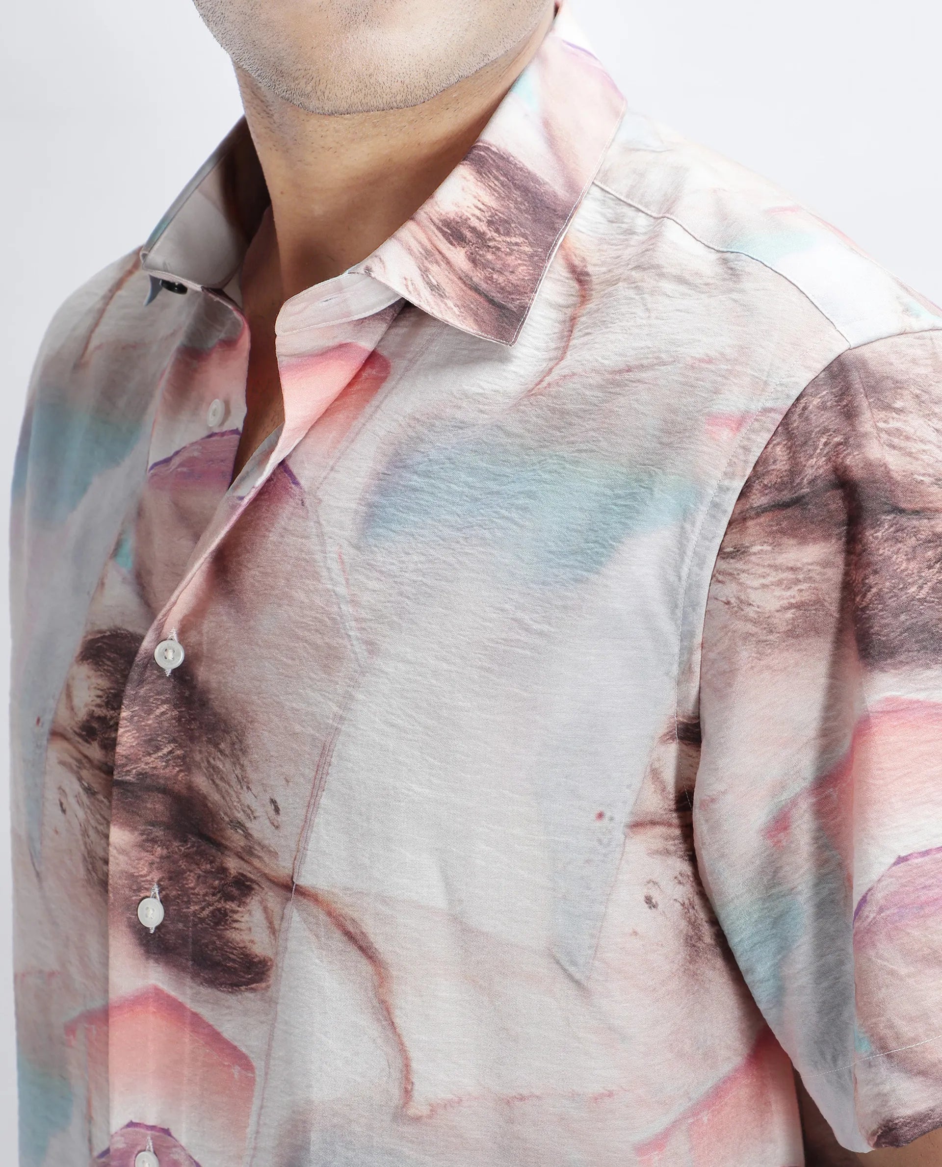 Rare Rabbit Men's Yat Beige Cotton Abstract Print Relaxed Fit Half Sleeve Collared Shirt