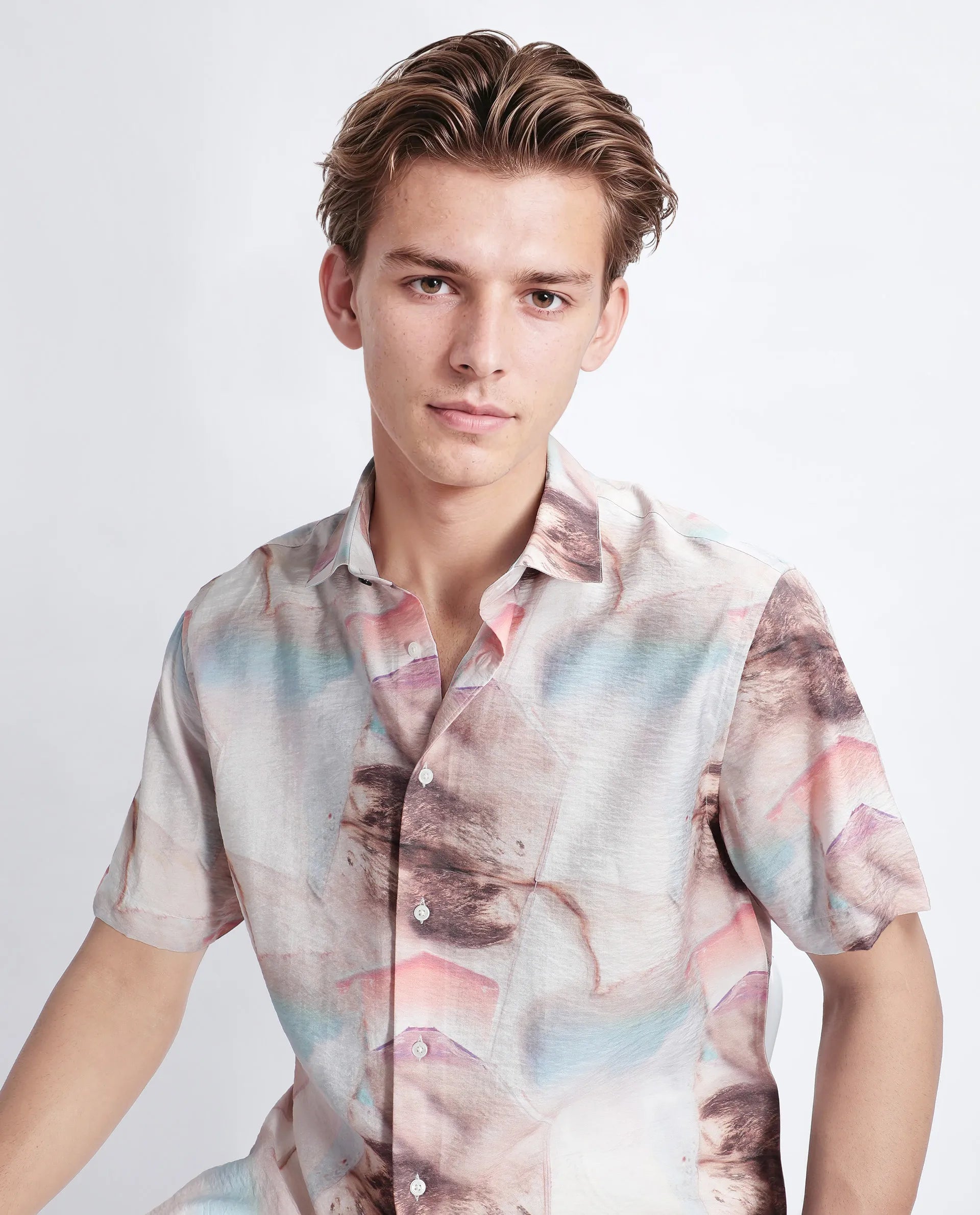 Rare Rabbit Men's Yat Beige Cotton Abstract Print Relaxed Fit Half Sleeve Collared Shirt