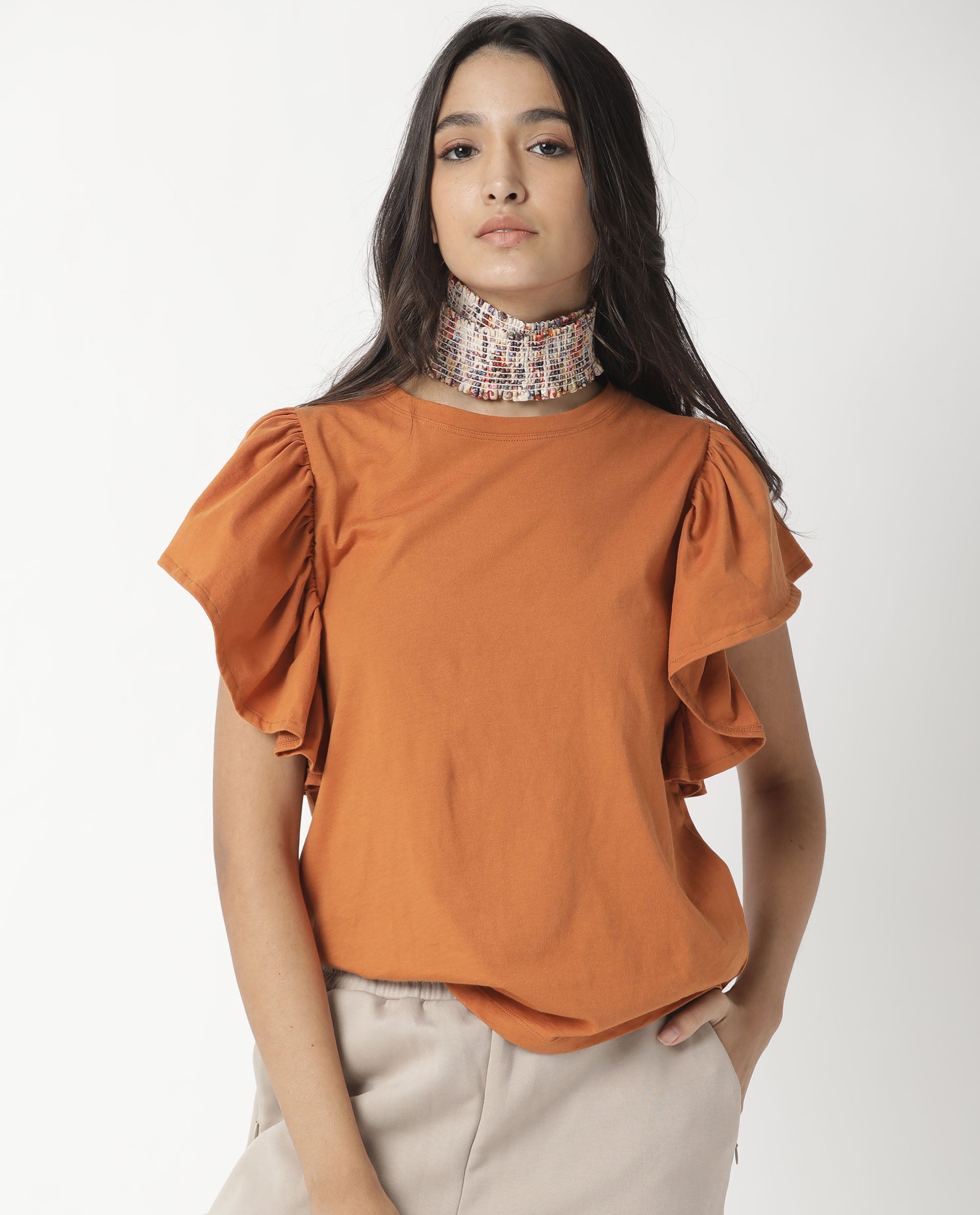 Rareism Womens Yatch Orange Top Cotton Fabric Regular Fit Ruffled Sleeves Crew Neck