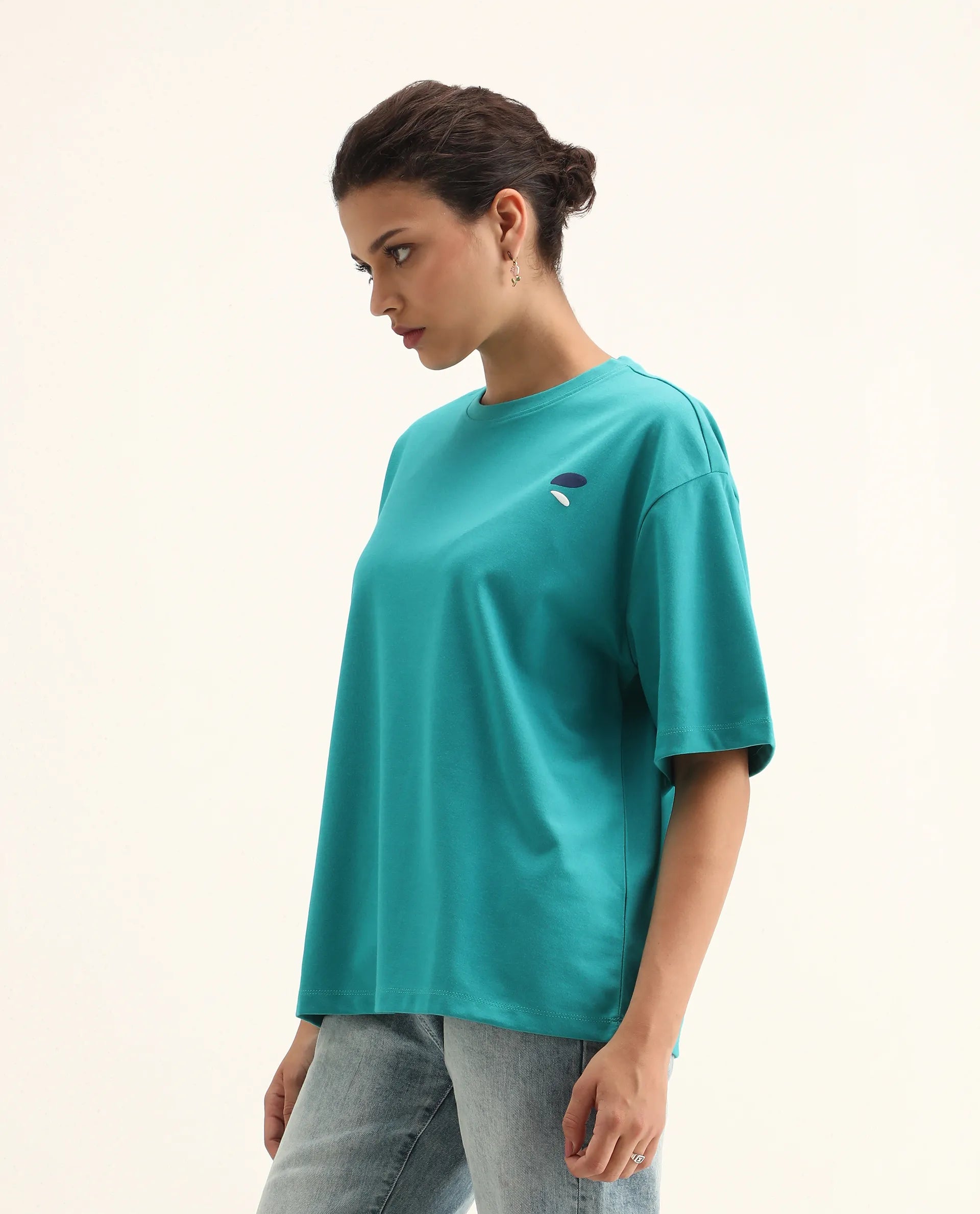 Rareism Women's Yeez Teal Cotton Blend Crew Neck Graphic Print Oversized T-Shirt