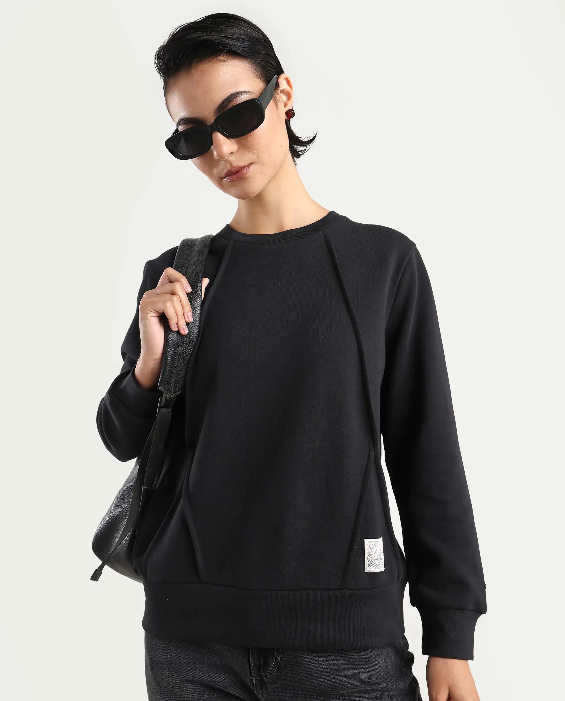 Rareism Women's Yello Black Cotton Blend Crew Neck Plain Relaxed Fit Sweatshirt