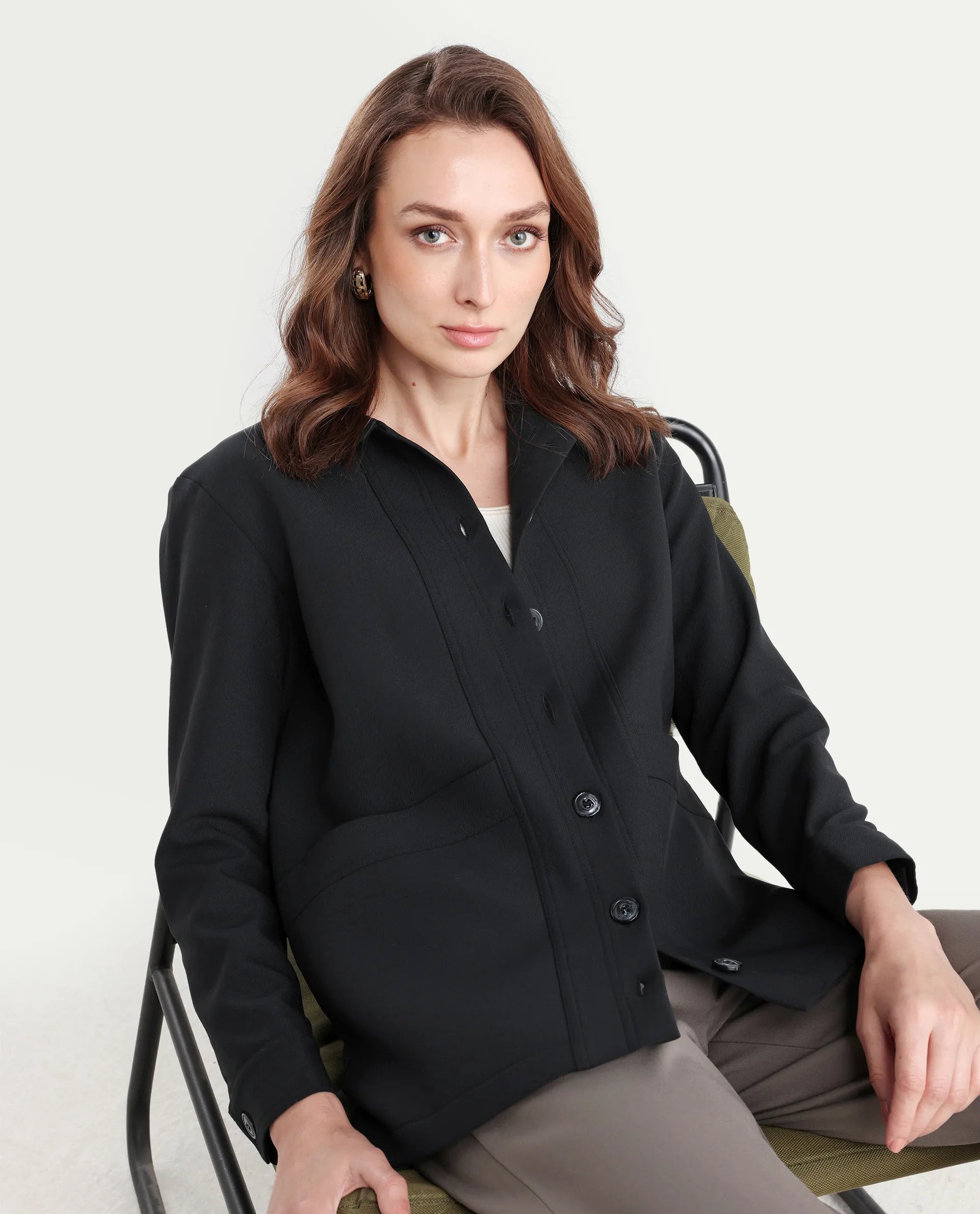 Rareism Women's Yeppon Black Drop Collar Plain Cuffed Sleeve Hip Length Boxy Fit Jacket