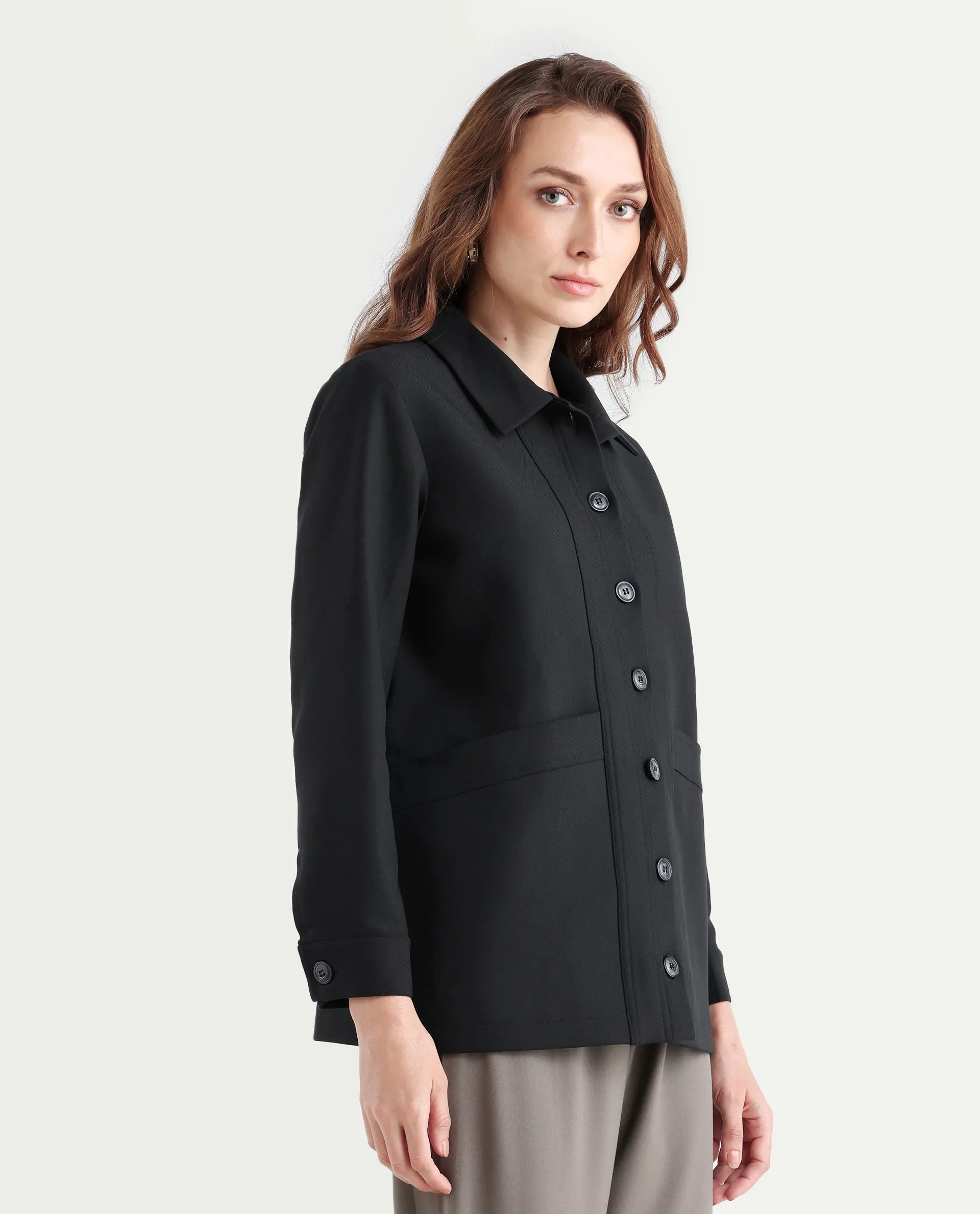 Rareism Women's Yeppon Black Drop Collar Plain Cuffed Sleeve Hip Length Boxy Fit Jacket