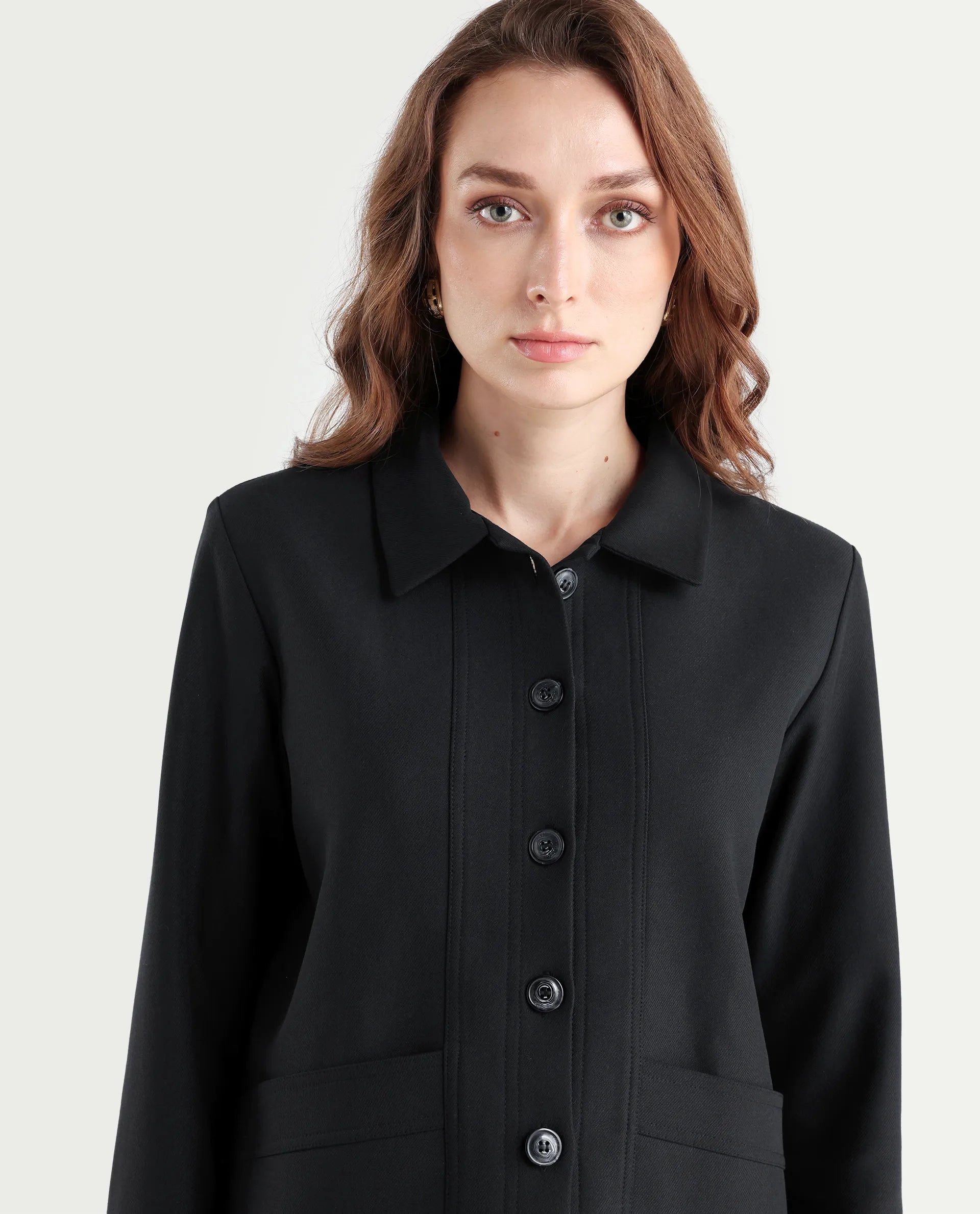 Rareism Women's Yeppon Black Drop Collar Plain Cuffed Sleeve Hip Length Boxy Fit Jacket