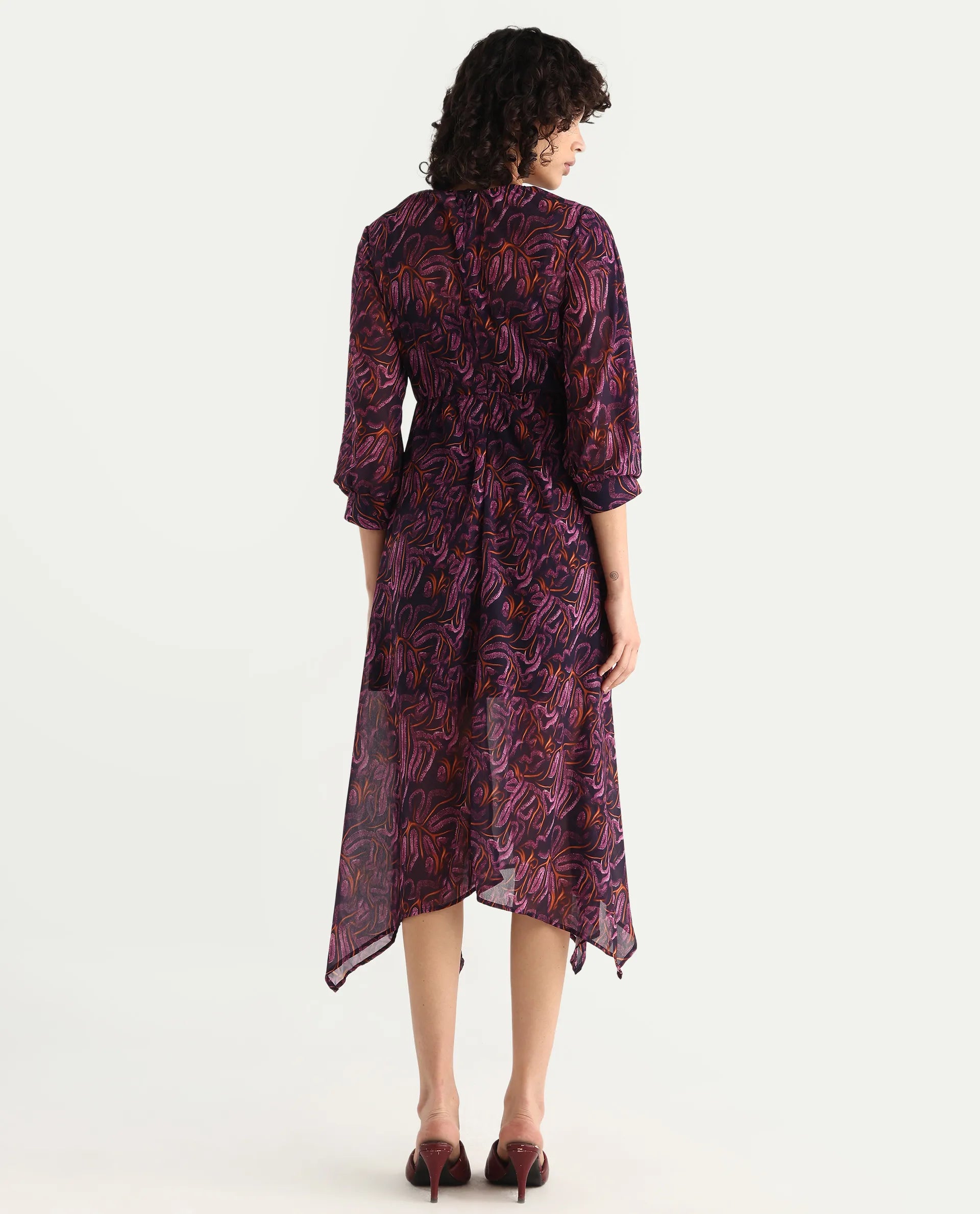 Rareism Women's Yerevan Dark Multi Polyester Crew Neck Abstract Print Puff Sleeves Midi Asymmetric Dress