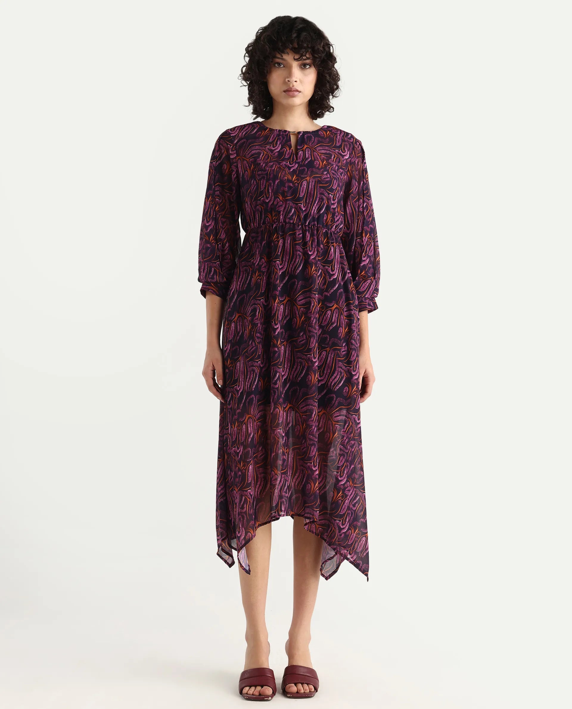 Rareism Women's Yerevan Dark Multi Polyester Crew Neck Abstract Print Puff Sleeves Midi Asymmetric Dress