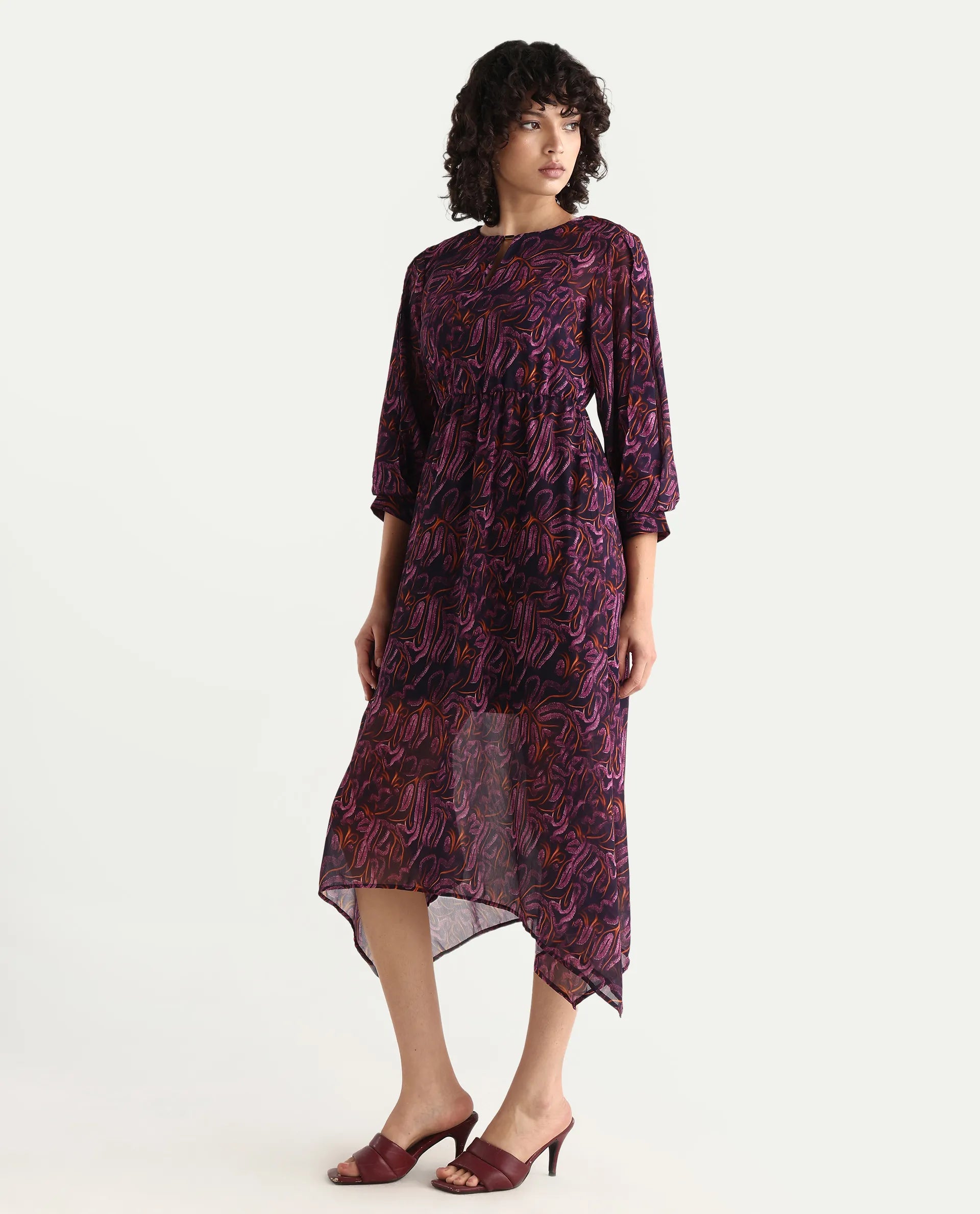 Rareism Women's Yerevan Dark Multi Polyester Crew Neck Abstract Print Puff Sleeves Midi Asymmetric Dress