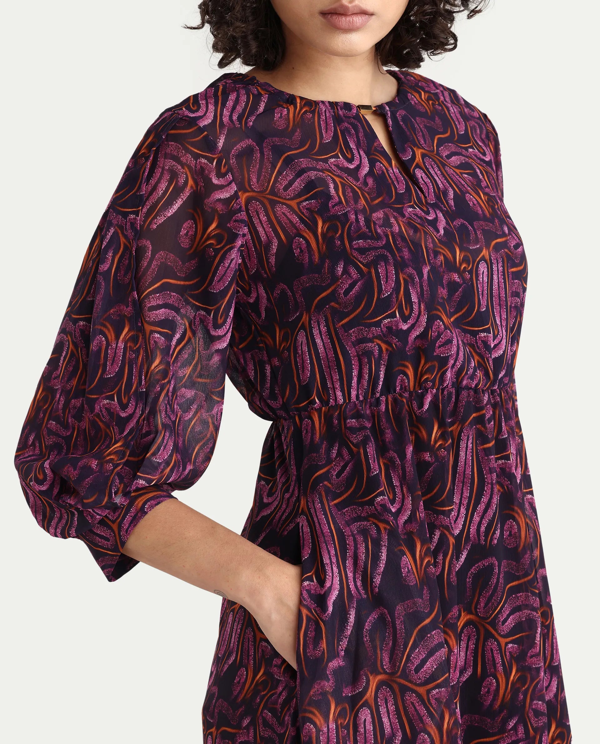 Rareism Women's Yerevan Dark Multi Polyester Crew Neck Abstract Print Puff Sleeves Midi Asymmetric Dress