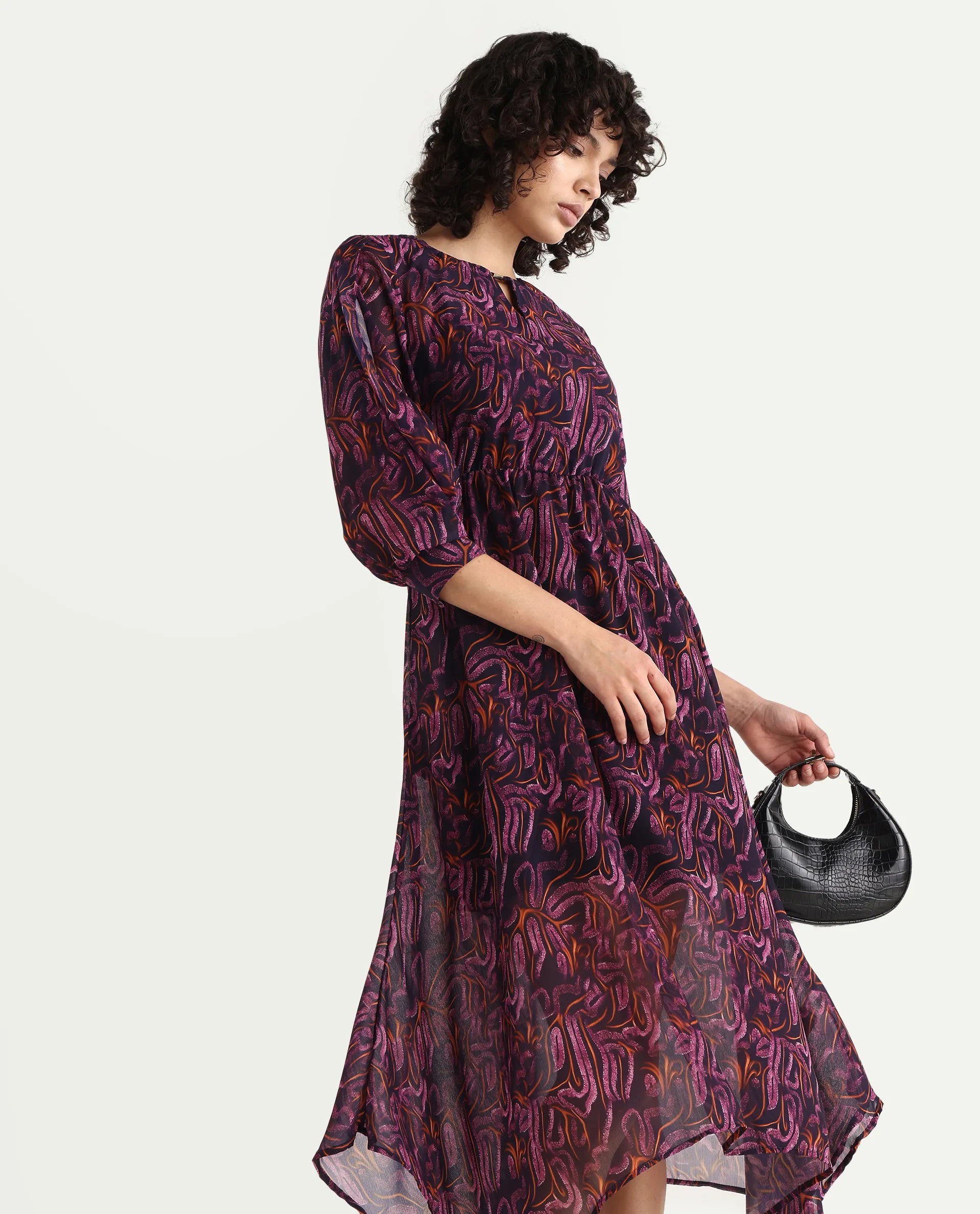 Rareism Women's Yerevan Dark Multi Polyester Crew Neck Abstract Print Puff Sleeves Midi Asymmetric Dress