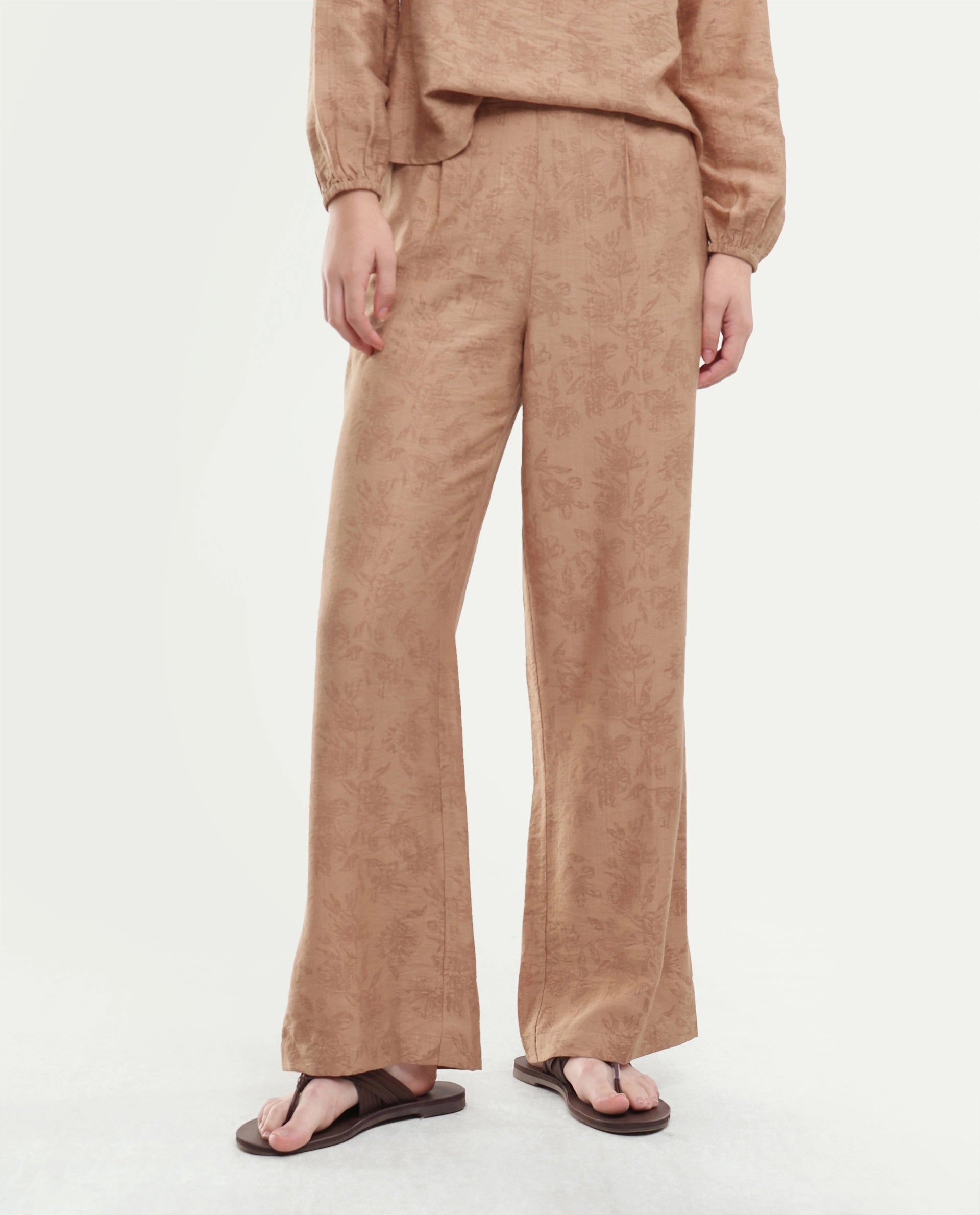 Rareism Women's Yev-B Light Brown Floral Viscose Blend Wide Leg Regular Trouser