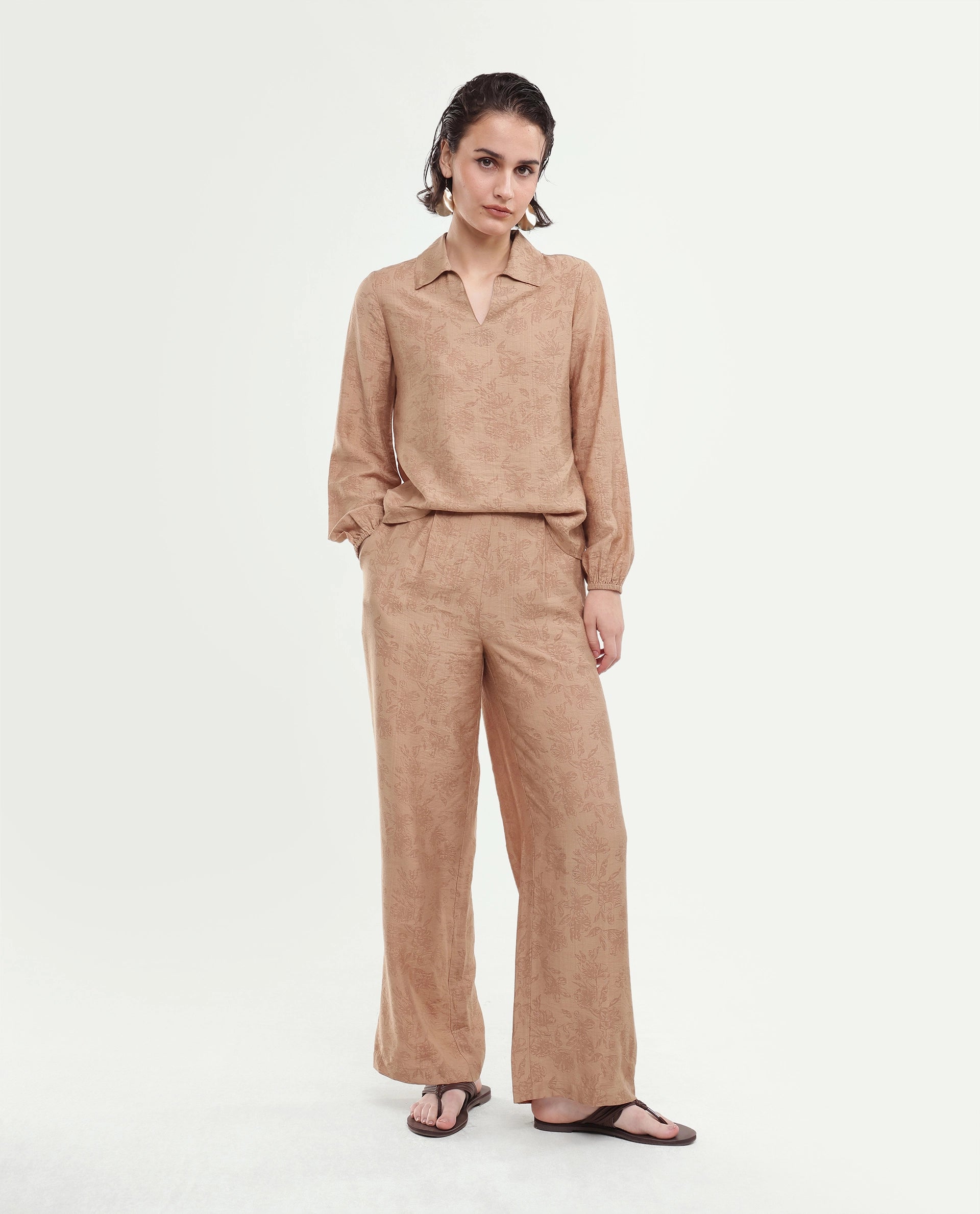 Rareism Women's Yev-B Light Brown Floral Viscose Blend Wide Leg Regular Trouser