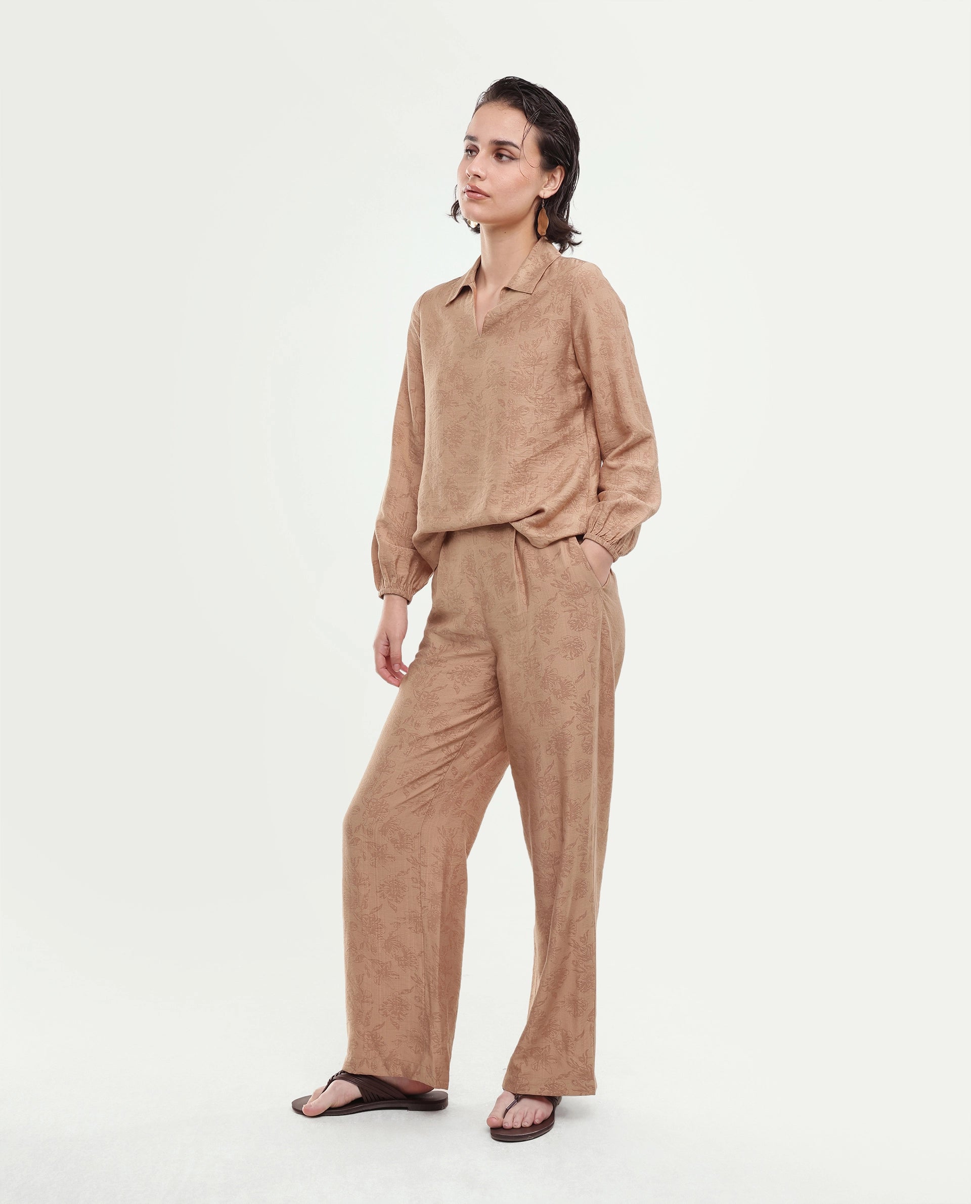 Rareism Women's Yev-B Light Brown Floral Viscose Blend Wide Leg Regular Trouser