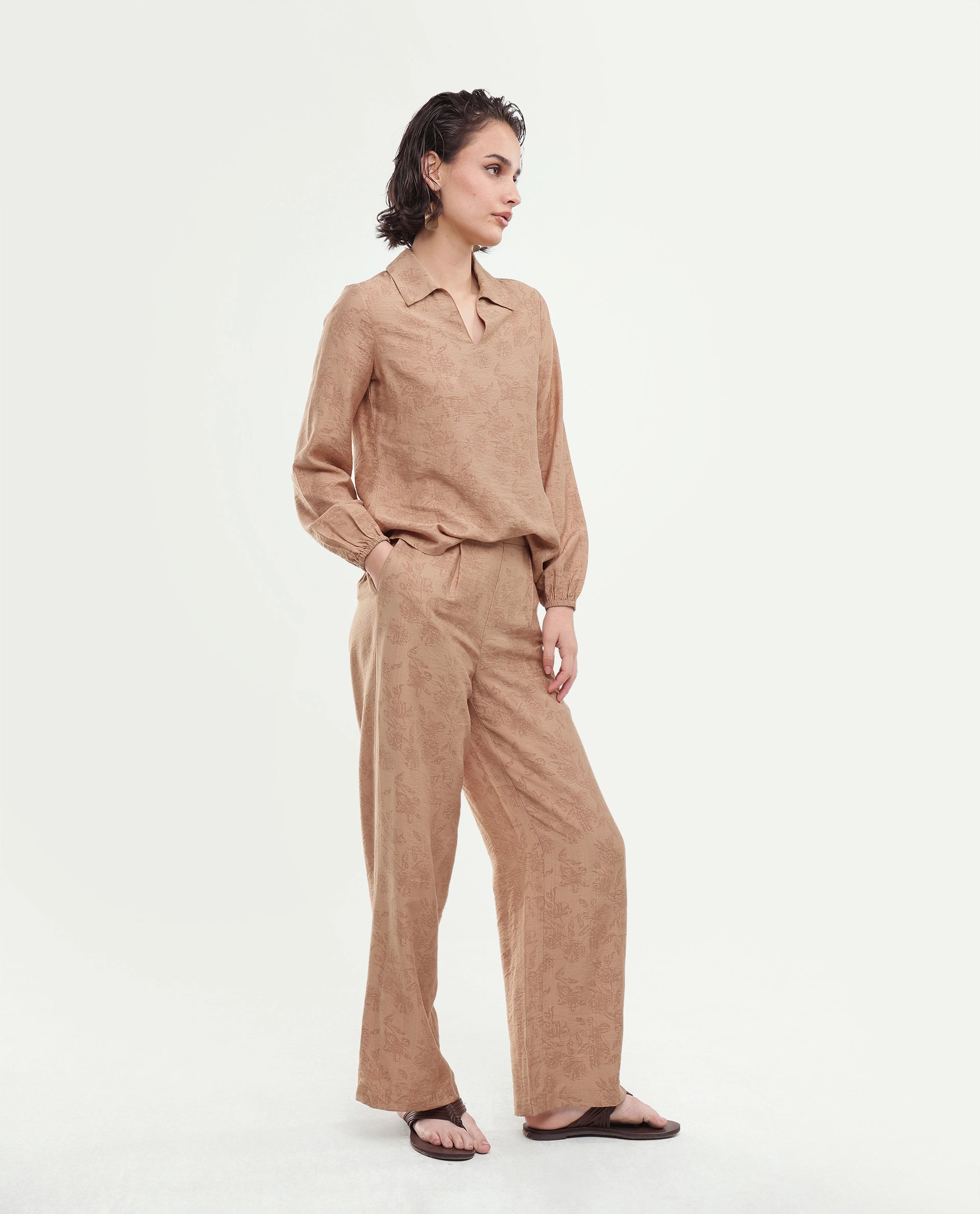 Rareism Women's Yev-B Light Brown Floral Viscose Blend Wide Leg Regular Trouser