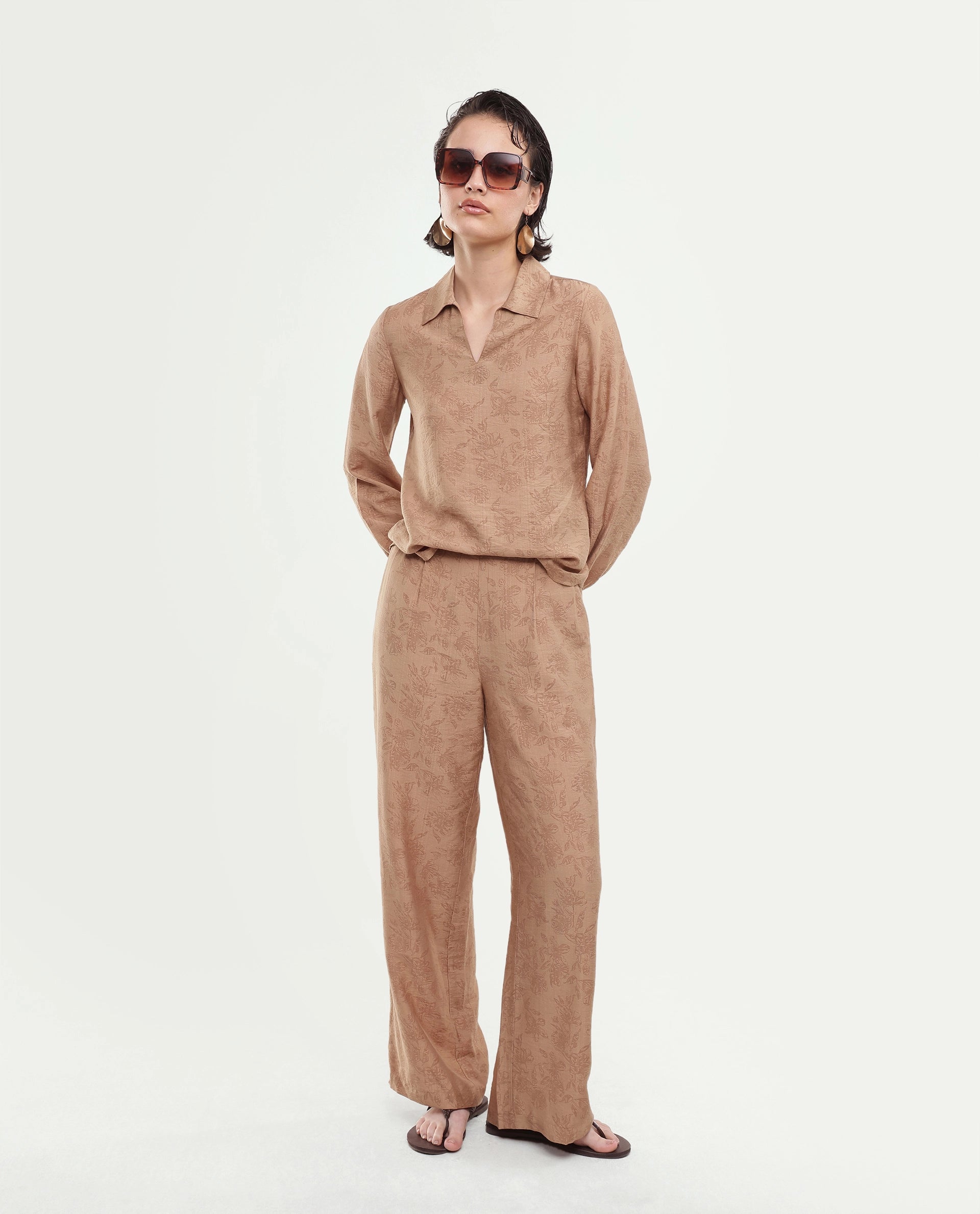 Rareism Women's Yev-B Light Brown Floral Viscose Blend Wide Leg Regular Trouser