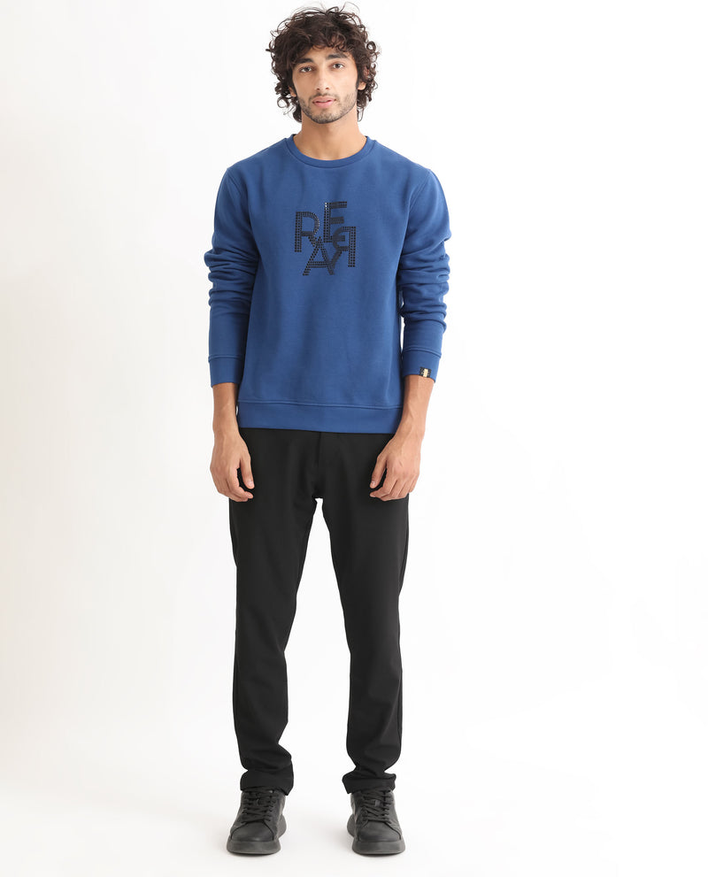 Rare Rabbit Men's Yevs Dark Blue Cotton Polyester Fabric Full Sleeves Rare Graphic Print Sweatshirt