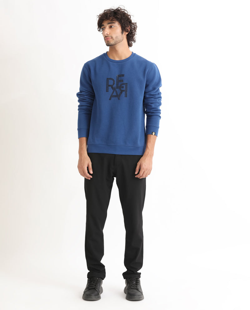 RARE RABBIT MENS YEVS DARK BLUE SWEATSHIRT COTTON POLYESTER FABRIC ROUND NECK KNITTED FULL SLEEVES COMFORTABLE FIT